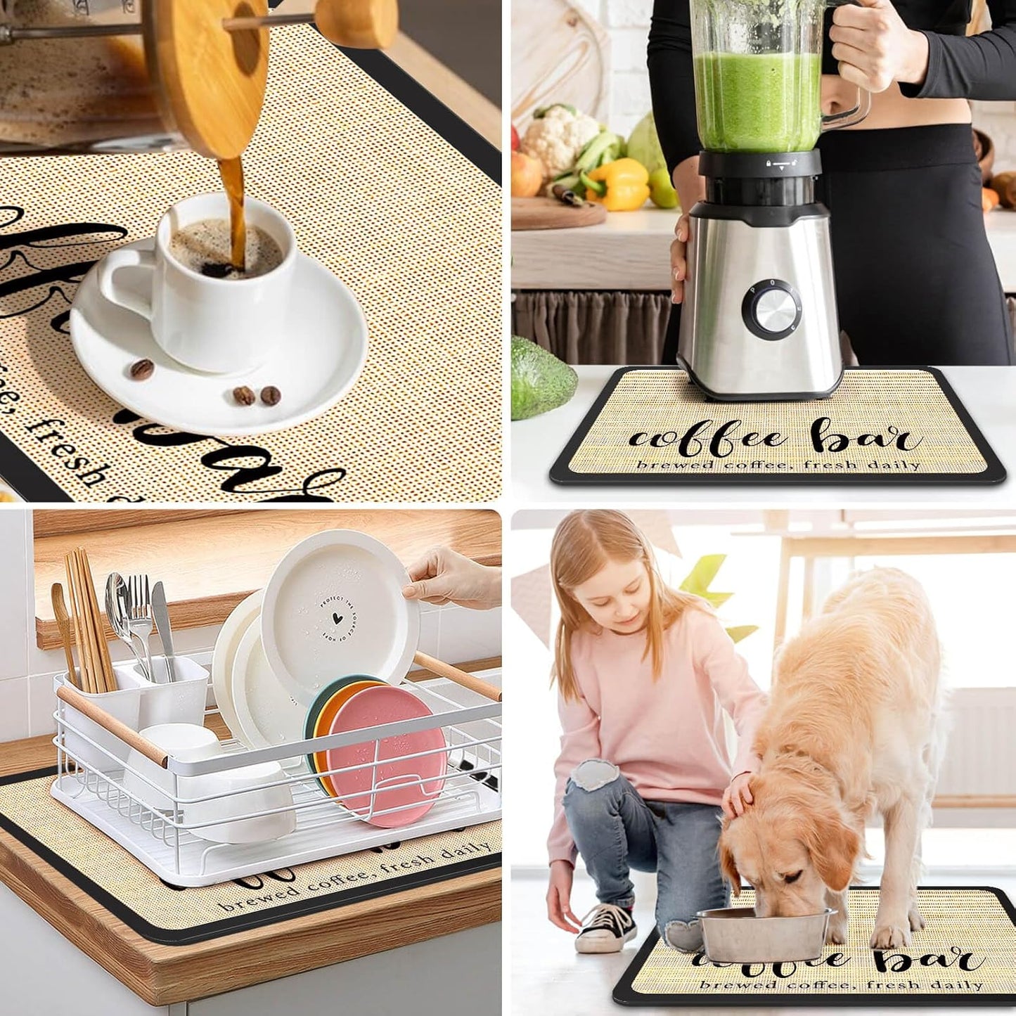 DK177 Coffee Mat - Dish Drying Mat for Kitchen Counter, Hide Stain, Absorbent with Waterproof Rubber Backing, Fit Kitchen Dish Rack Bar Accessories (Coffee Bar, 24" x 16")
