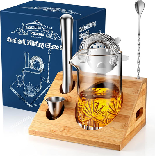 Cocktail Mixing Glass, veecom 6 Piece Crystal Bar Mixing Glass Bartender Set with Bamboo Stand, 18oz Old Fashioned Kit Cocktail Beaker Glass Set with Strainer, Muddler, Spoon, Jigger