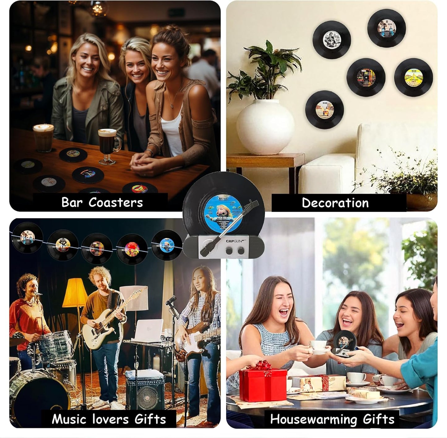 Funny Retro Vinyl Record Coasters, Creative Drink Coasters Set of 12 for Music Lovers, Housewarming Hostess Gifts, Birthday and White Elephant Gifts Ideas (V03)