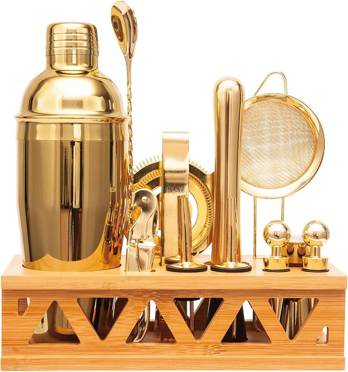 Cocktail Shaker Set Bartender Kit with Rotatble Bamboo Stand,11 Piece Bar Set Stainless Steel Bar Accessories for Drink Mixing, Bar, Home, Party (Frosted Black) - B0FWR6X4F1