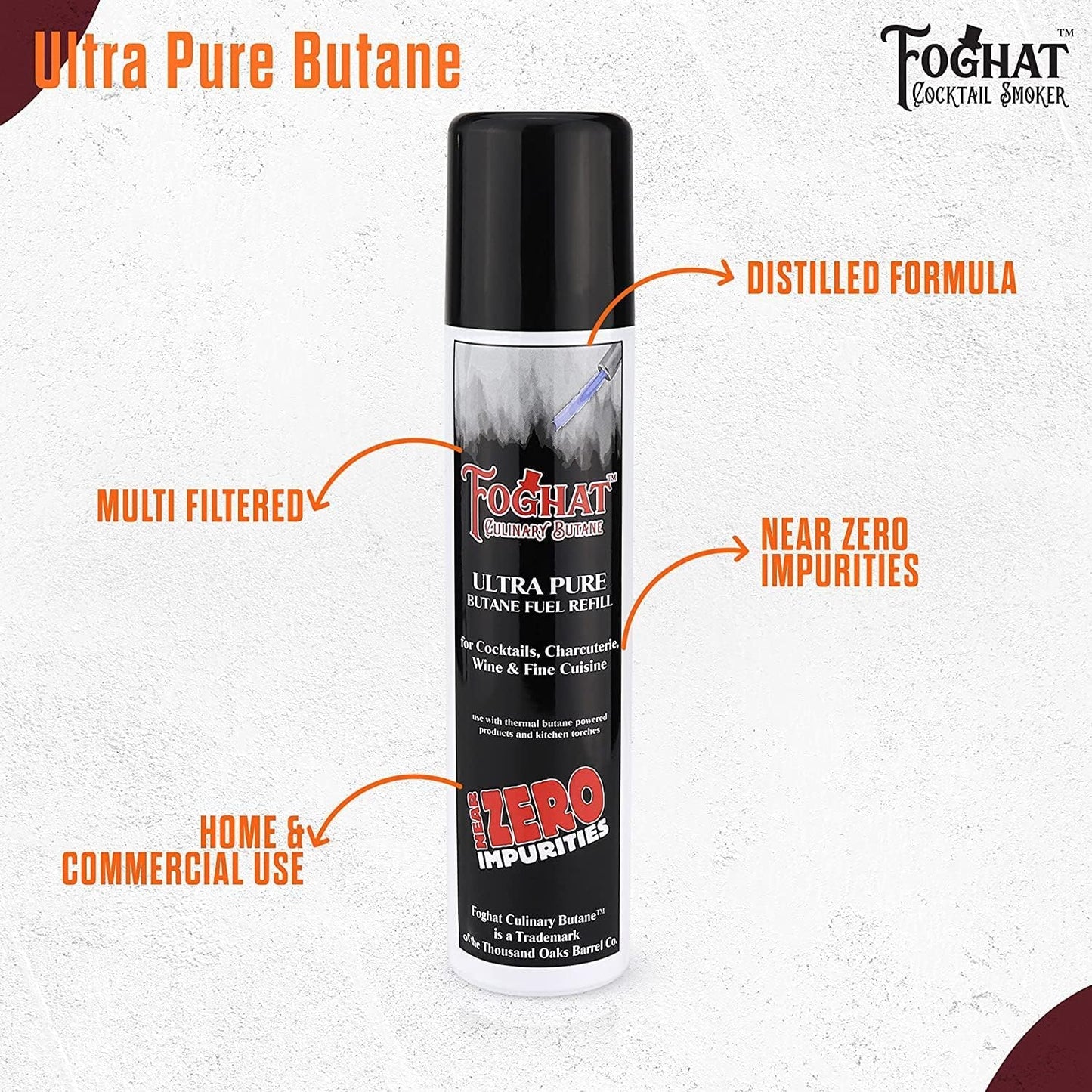 Foghat Culinary Butane Fuel Refill (60ml) Torch Lighter Butane Refill Canister - Fits All Kitchen Smoking Torches - Food Grade, Ultra Refined For Cocktail Smoker Kit, Creme Brulee Torch