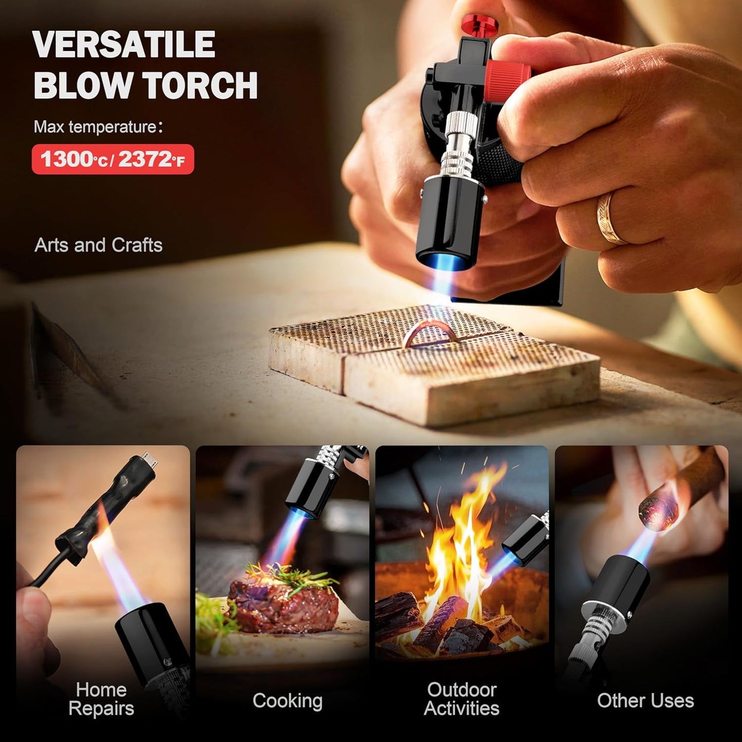 RAVS Butane torch, Kitchen Torch Lighter with Adjustable Flame & Safety Buckle, Creme Brulee Torch for Cooking, Dessert, Baking, Gifts for Men and Women (Black/Red), Butane Gas Not Included