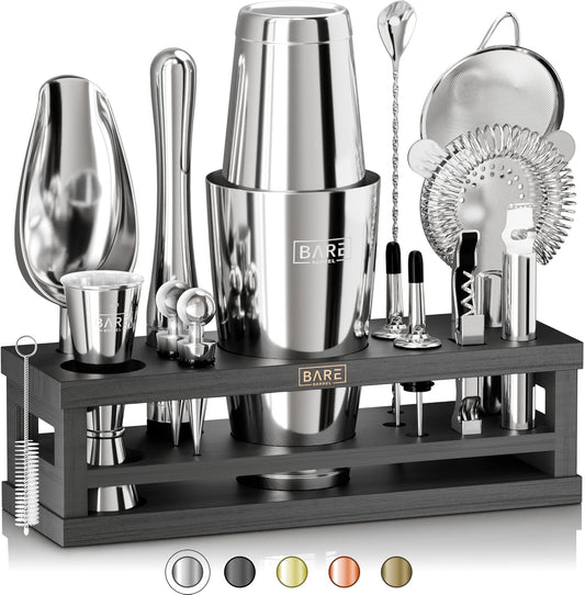 BARE BARREL® Mixology Bartender Kit Bar Set | 16-Piece Cocktail Shaker Set | Martini Barware Mixing Tools for Home Bartending | Incl. 35 Recipe Cards | Gift Set (28oz Boston Shaker, Silver/Black)