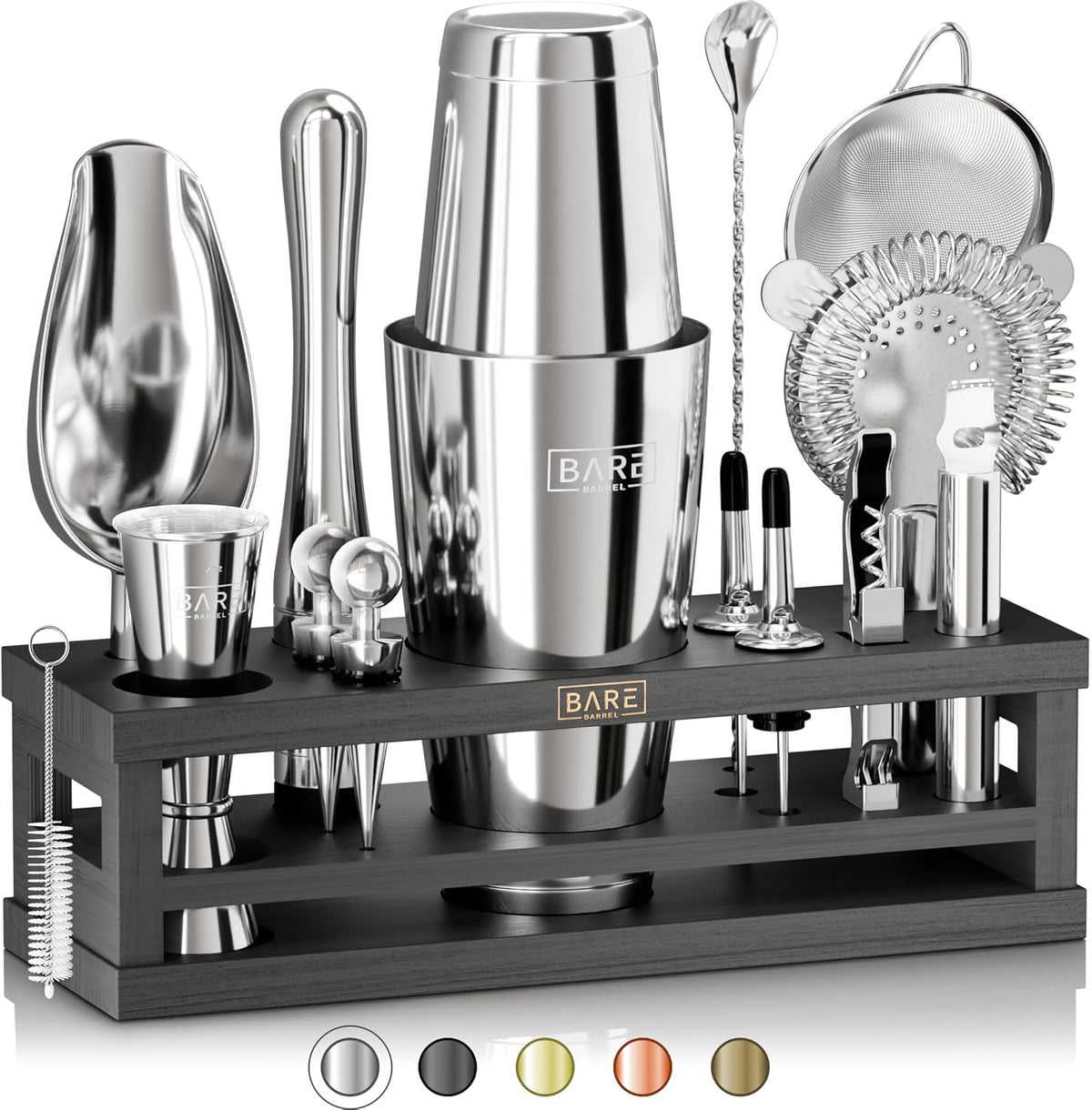 BARE BARREL® Mixology Bartender Kit Bar Set | 16-Piece Cocktail Shaker Set | Martini Barware Mixing Tools for Home Bartending | Incl. 35 Recipe Cards | Gift Set (28oz Boston Shaker, Silver/Natural) - Silver/Black