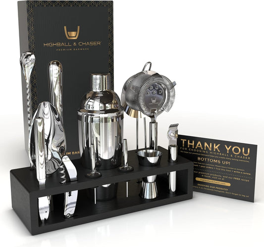 Highball & Chaser 13-Piece Cobbler Cocktail Shaker Set Stainless Steel Mixology Bartender Kit With Stand For Home Bar Cocktail Set | Laser Engraved Cocktail Tools | Plus Ebook with 30 Cocktail Recipes - Silver