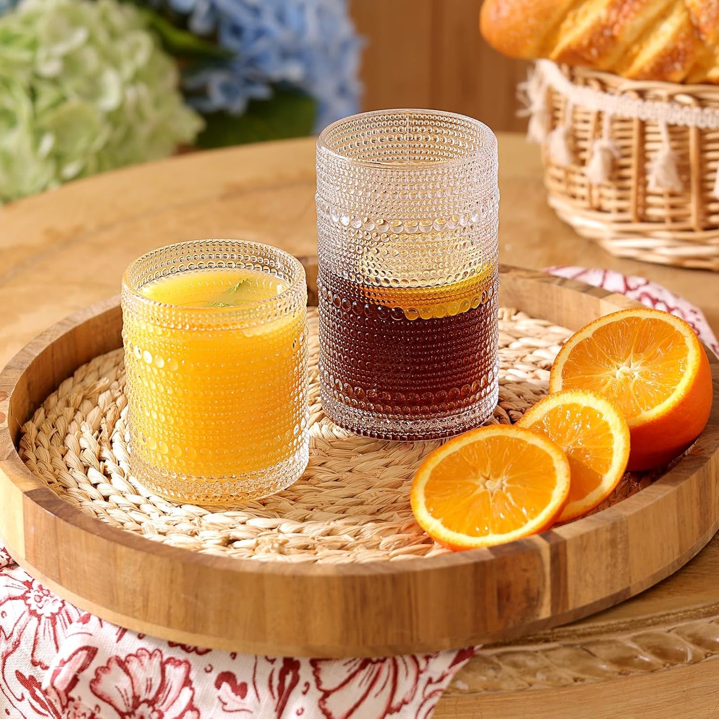 Moretoes Hobnail Drinking Glasses Set of 12, Vintage 15 Oz Highball Glasses & 10 Oz Cocktail Glasses, Clear Embossed Boho Glass Cups Kitchen Bar Tumbler Glassware Set for Whiskey, Beer, Juice, Milk