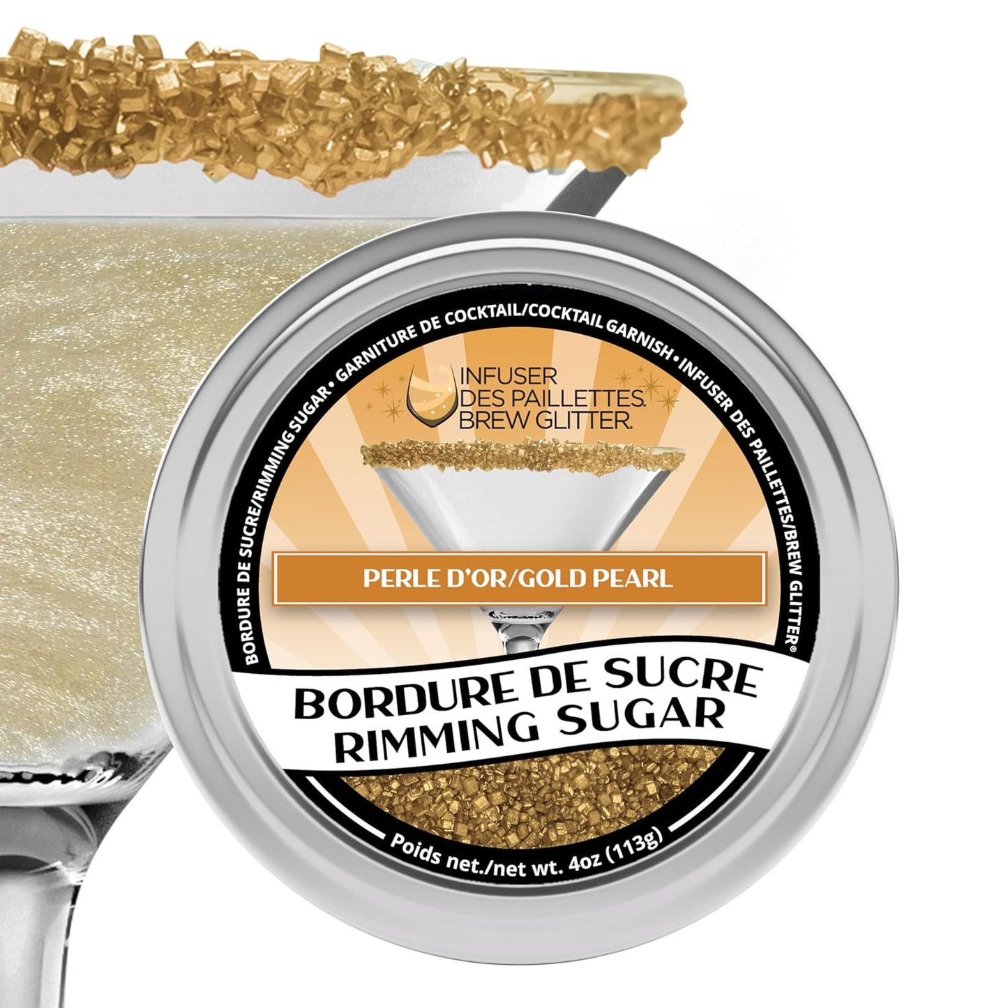Brew Glitter - Gold Rimming Sugar (4oz, 1x Bar Tin) Cocktail Garnish for Mixed Drinks & Refreshments