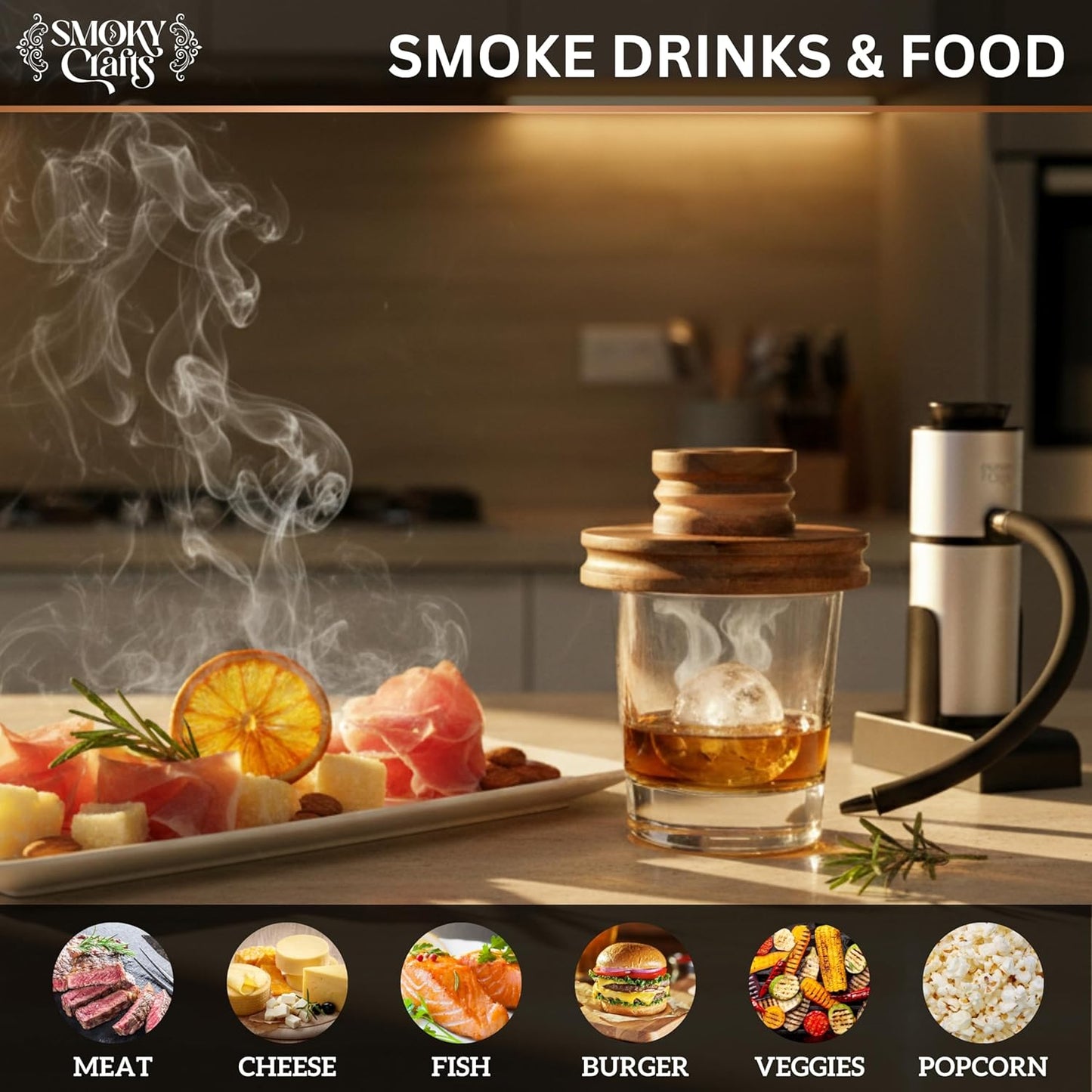 Smoky Crafts Whiskey Smoker Kit with Updated Smoke Gun, Acacia Wood Top and Wood Chips (Apple & Cherry) - Old Fashioned Smoker Kit