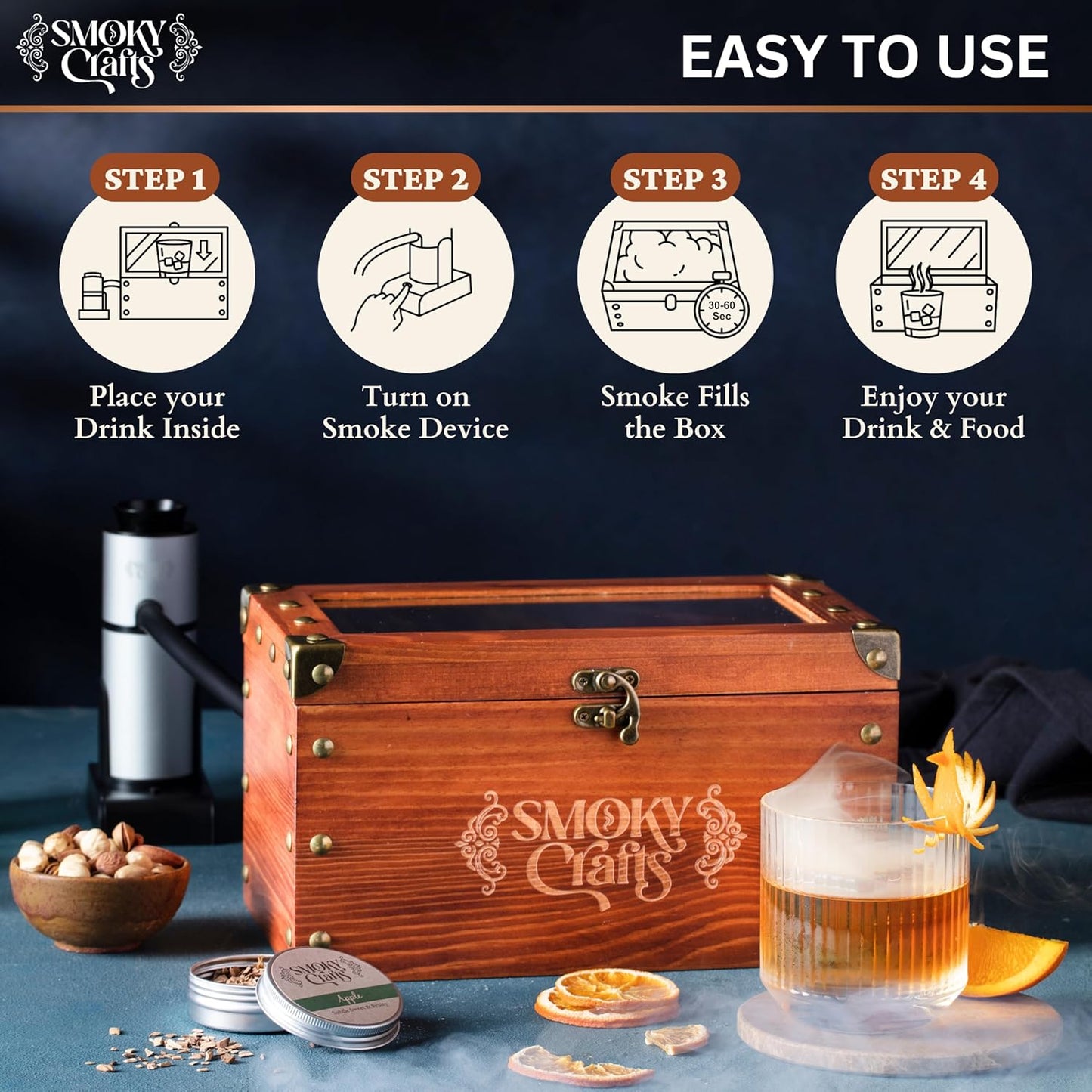 Smoky Crafts Whiskey Smoker Kit with Updated Smoke Gun, Cocktail Smoke Box, Food Tray and Wood Chips (Apple & Cherry) - Old Fashioned Smoker Kit