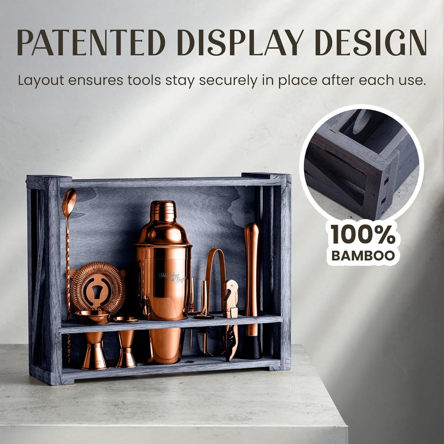 Mixology & Craft Rustic Cocktail Shaker Set – Includes Wood Stand, Complete Barware Kit with 24 Oz Shaker, Dual Jiggers, Pourers, Muddler, Strainer – Perfect for Home Bartenders (Copper)