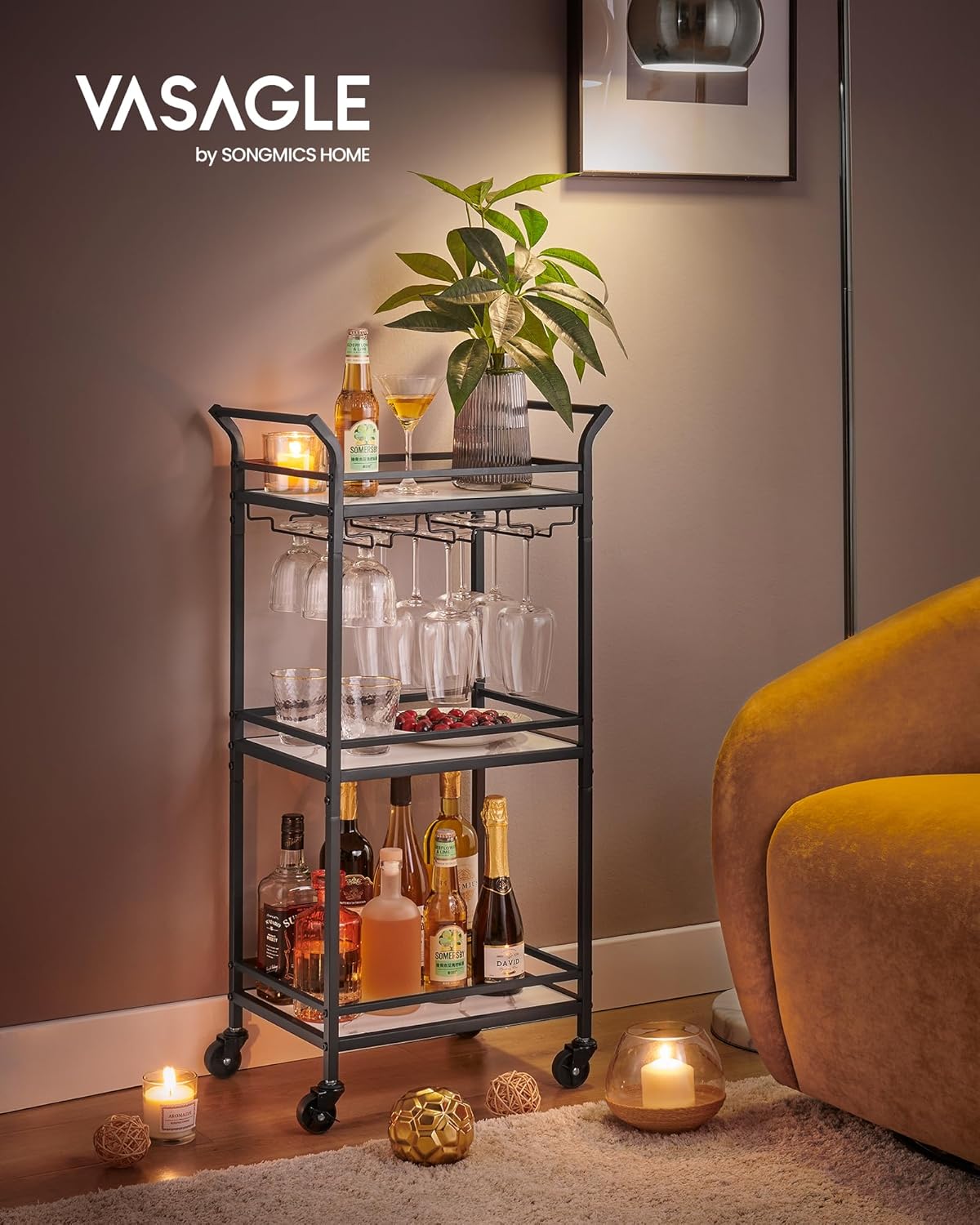 VASAGLE Bar Cart, Home Bar Serving Cart, Small Bar Cart With 3-Tier Shelf, Wine Holders, Glass Holders, Mini Bar Cart for Small Spaces, Kitchen, Dining room, Living Room, Ink Black
