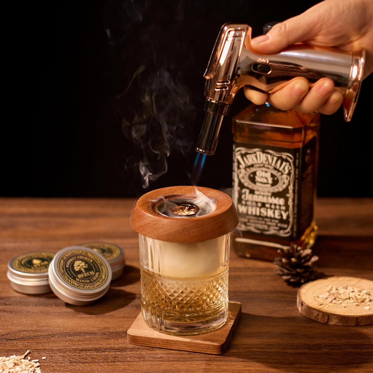 Whiskey Smoker Kit with Torch, 6 Wood Chip Flavors, 2 Heavy Whiskey Glasses, 2 Ice Ball Molds, Cocktail Smoker Kit for Old Fashioned, Bourbon & Drinks, Gift Set for Men, Father (No Butane)