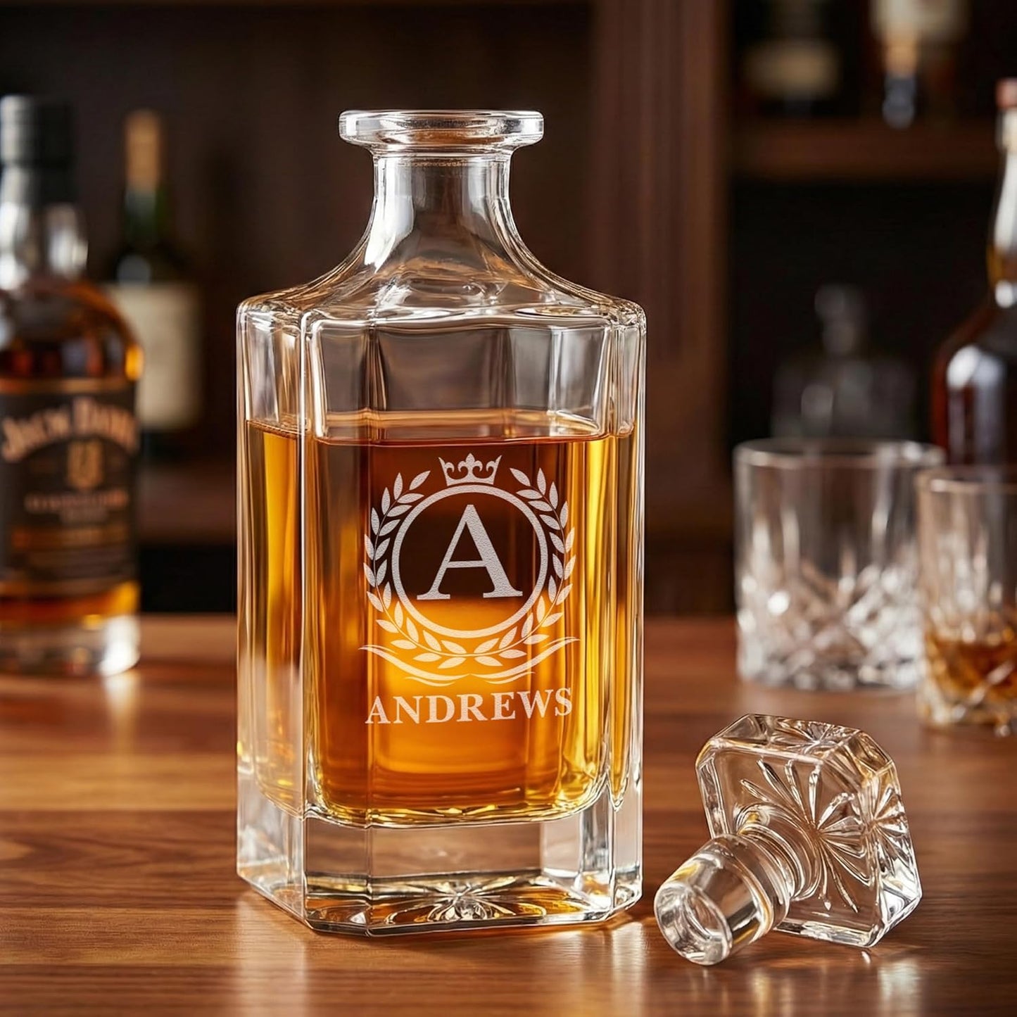 Personalized Whiskey Decanter Set with Glasses for Men - Custom Bourbon Decanter Sets 4 Designs - Laser Engraved Customized Whiskey Glasses - Personalized Whisky Bottle Groomsmen Gift