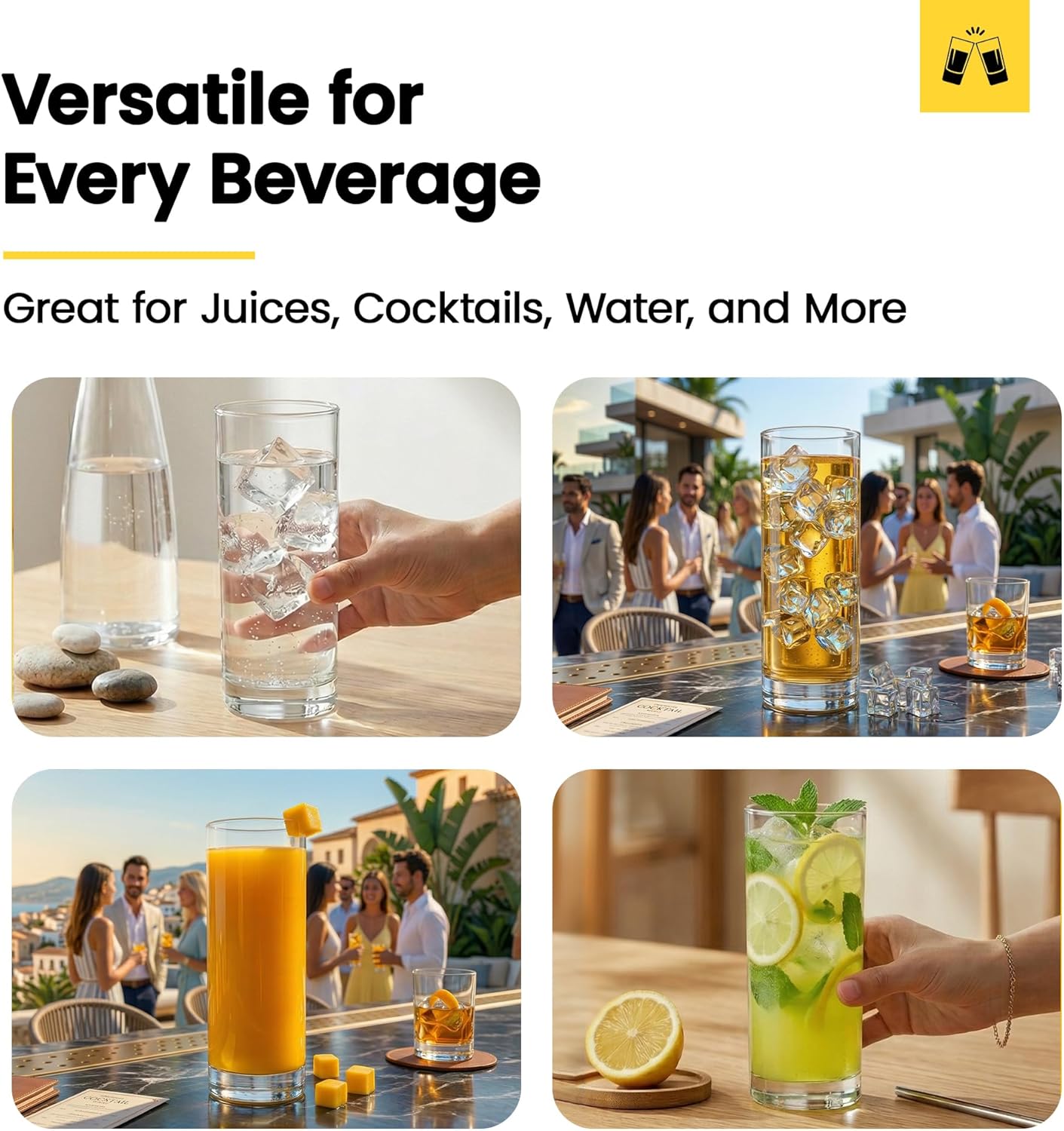 LEMONSODA Highball Glass Set | 12oz Set of 6 | Lead-Free Glass with Heavy Base | Dishwasher Safe Cocktail Glasses for Mojito Whiskey Iced Tea | Gift Box Included | Modern Durable Bar Glassware