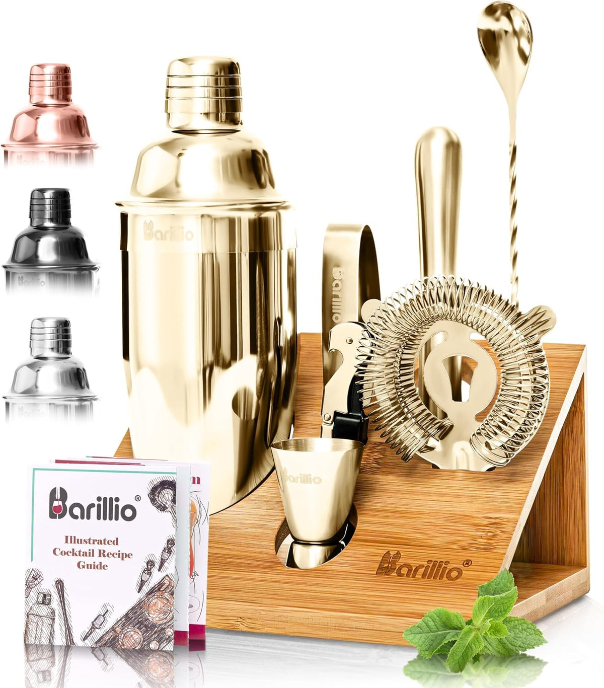 Barillio Bartender Kit - Stainless-Steel Cocktail Shaker Set with Bamboo Stand - Mixology Bar Tools w/Shaker, Drink Mixer Spoon & Muddler for Cocktails - Home Bar Accessories - 10-Pc Bar Set - Silver - Gold