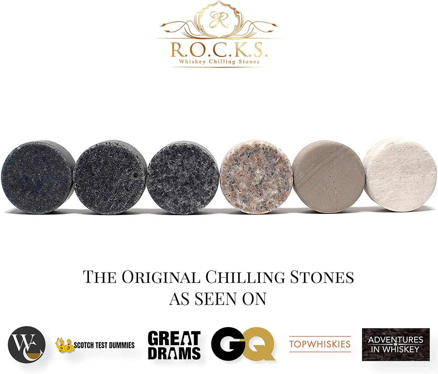 Whiskey Chilling Stones Gift Set - 6 Handcrafted Premium Granite Round Sipping Rocks - 2 Crystal Superior Glasses - Hardwood Presentation & Storage Tray - Elegant Gold Foil Gift Box by R.O.C.K.S.