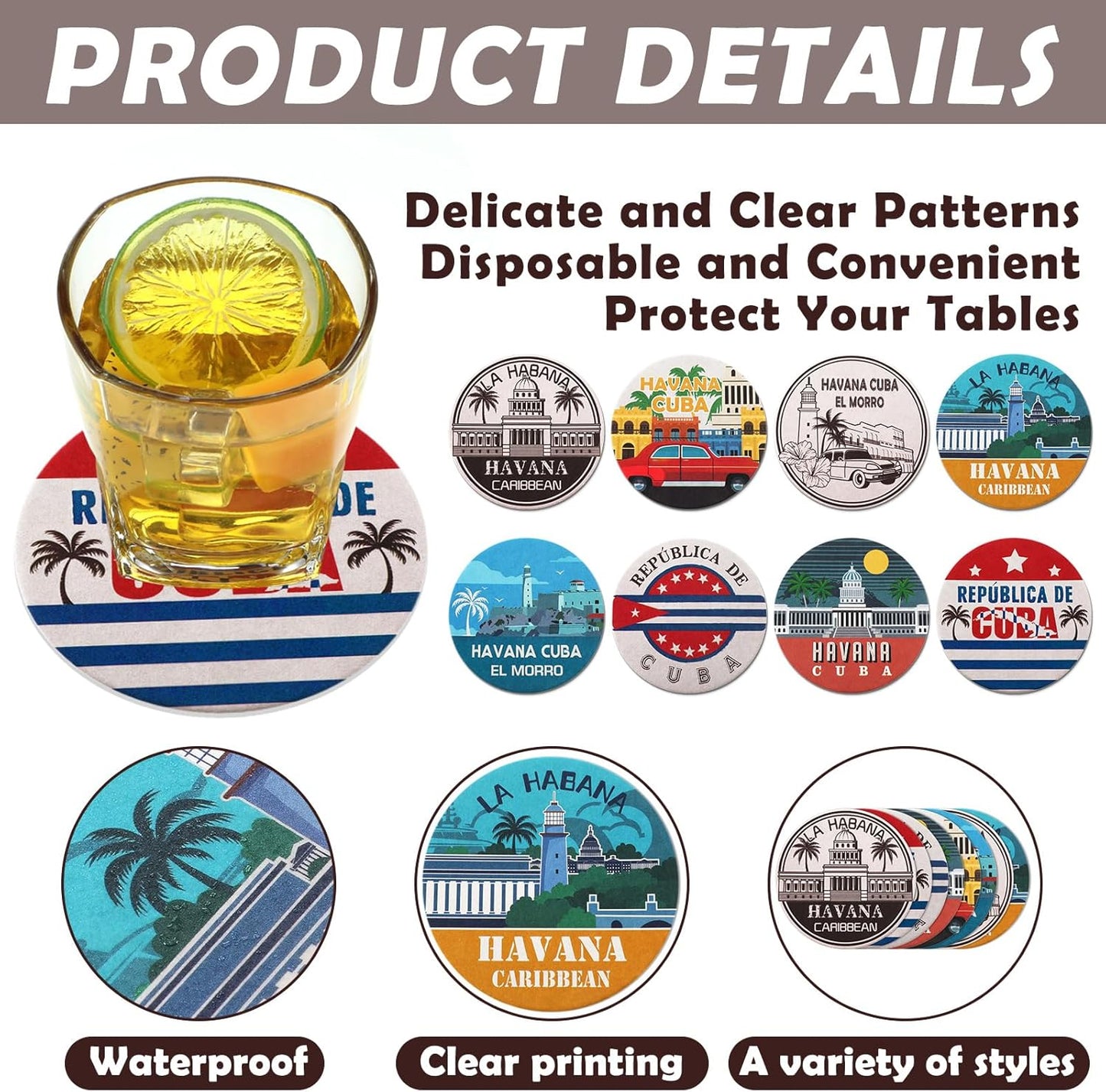 FoldTier Set of 48 Havana Print Disposable Paper Drink Coasters for Bar Bulk 4 Inch Round Cup Beer Coasters Absorbent for Havana Nights Party Supplies Summer Hawaii Tropical Table Decoration