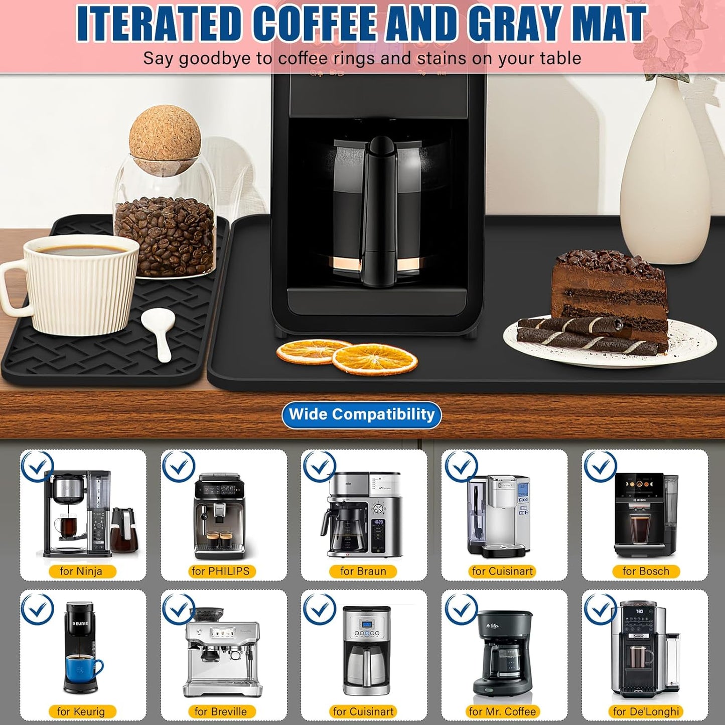 Silicone Coffee Maker Mat for Coffee Bar (19" x 12"), Non-Slip Espresso Machine Mat with 0.44" Raised Edges, Waterproof Coffee Bar Accessories & Countertop Protector, Heat Resistant & Dishwasher Safe