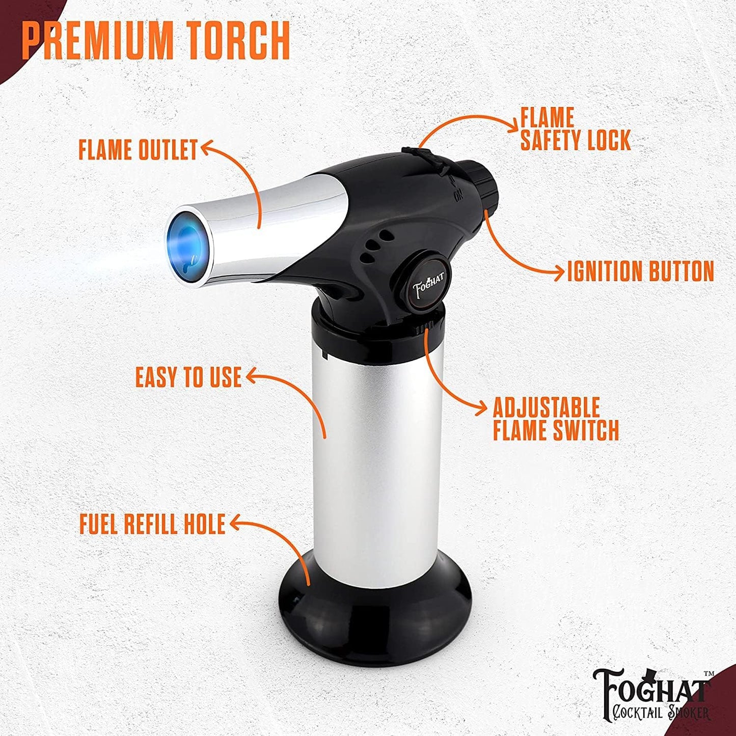 Foghat Kitchen Torch with Butane Included for Smoked Cocktails and Cooking - Handheld Refillable Culinary Butane Kitchen Blow Torches Food Lighter Gun, Creme Brulee Torch (TORCH + BUTANE 2x60ml SET)