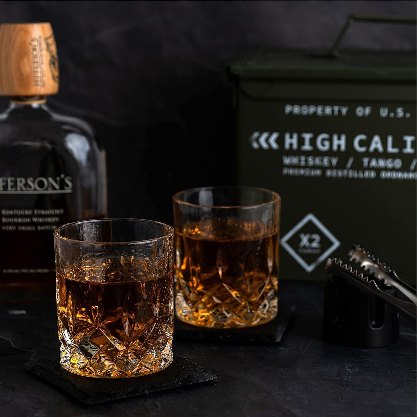 Titan LSO Whiskey Glasses and Stones in Unique Tactical Box Display | Bourbon Cocktail Cups, Coasters and Tongs | Gifts for Men | Glass Set