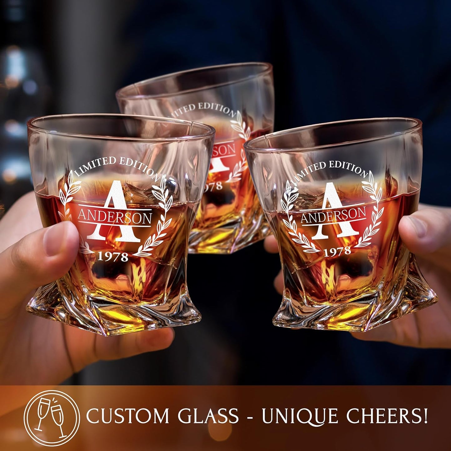 Personalized Whiskey Glass Set of 2 - Customized in USA Twisted Glasses - Premium Gift for Him, Men, Husband, Boyfriend, Groomsmen - Ideal for Any Occasion - Anniversary, Birthday, Retirement, Wedding