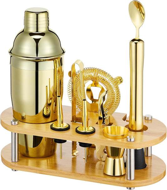 Cocktail Shaker Set Bartender Kit - 11 Pcs Bar Tool Set with Bamboo Stand & All Bar Accessories: Martini Shaker, Strainer,Jigger, Muddler, Mixer Spoon Barware Kit, for Bar, Home Lounge & Party(Gold)