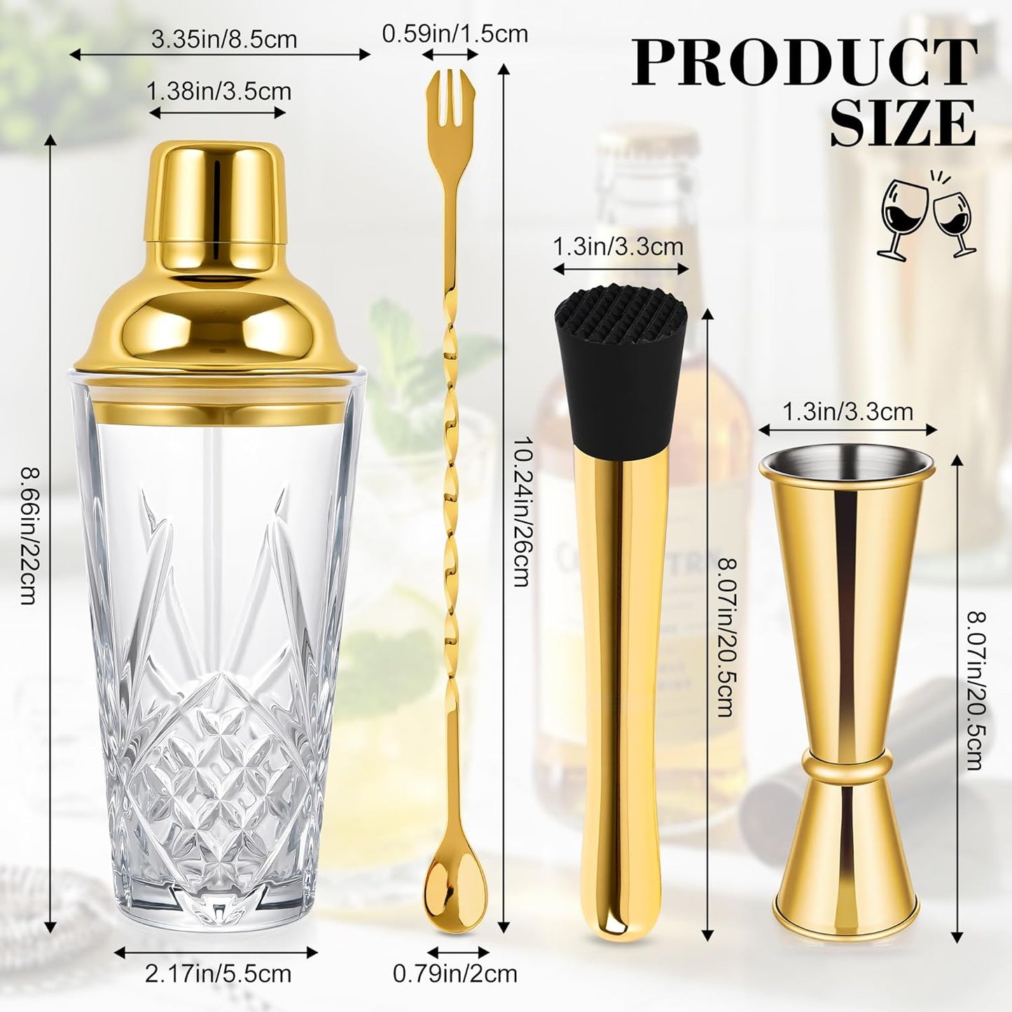 Glass Cocktail Shaker Set with Gold Lid,Cocktail Shaker Glass Kit with Built-in Strainer, Jigger, Bar Spoon & Muddler, Leakproof Glass Shaker for Home Bar, Cocktails, Martini, Gift(4-Piece)
