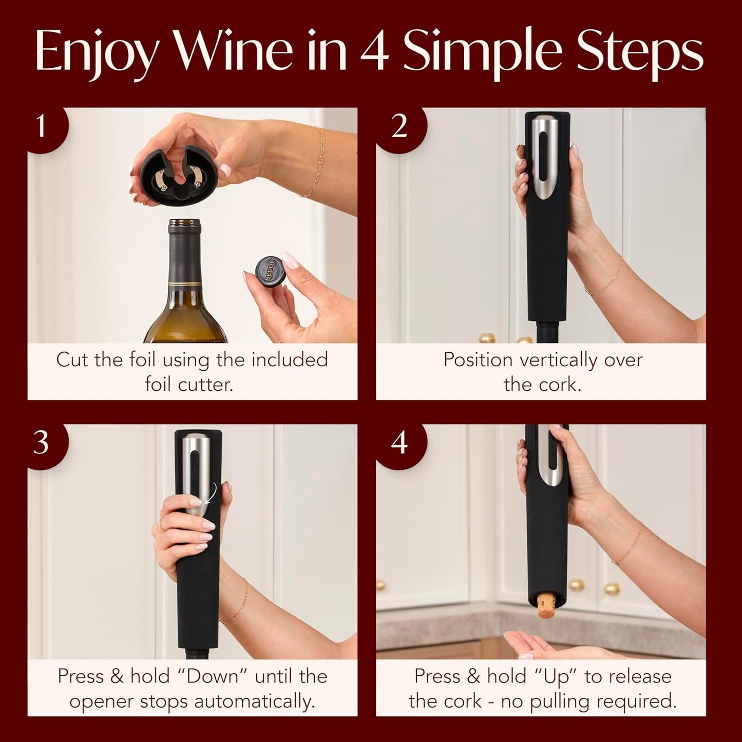 Electric Wine Opener Battery Operated with Stand and Built-in Foil Cutter - Automatic Wine Opener - Electric Corkscrew for Easy Cork Removal - Best Gift for Wine Lover (Black & Silver)