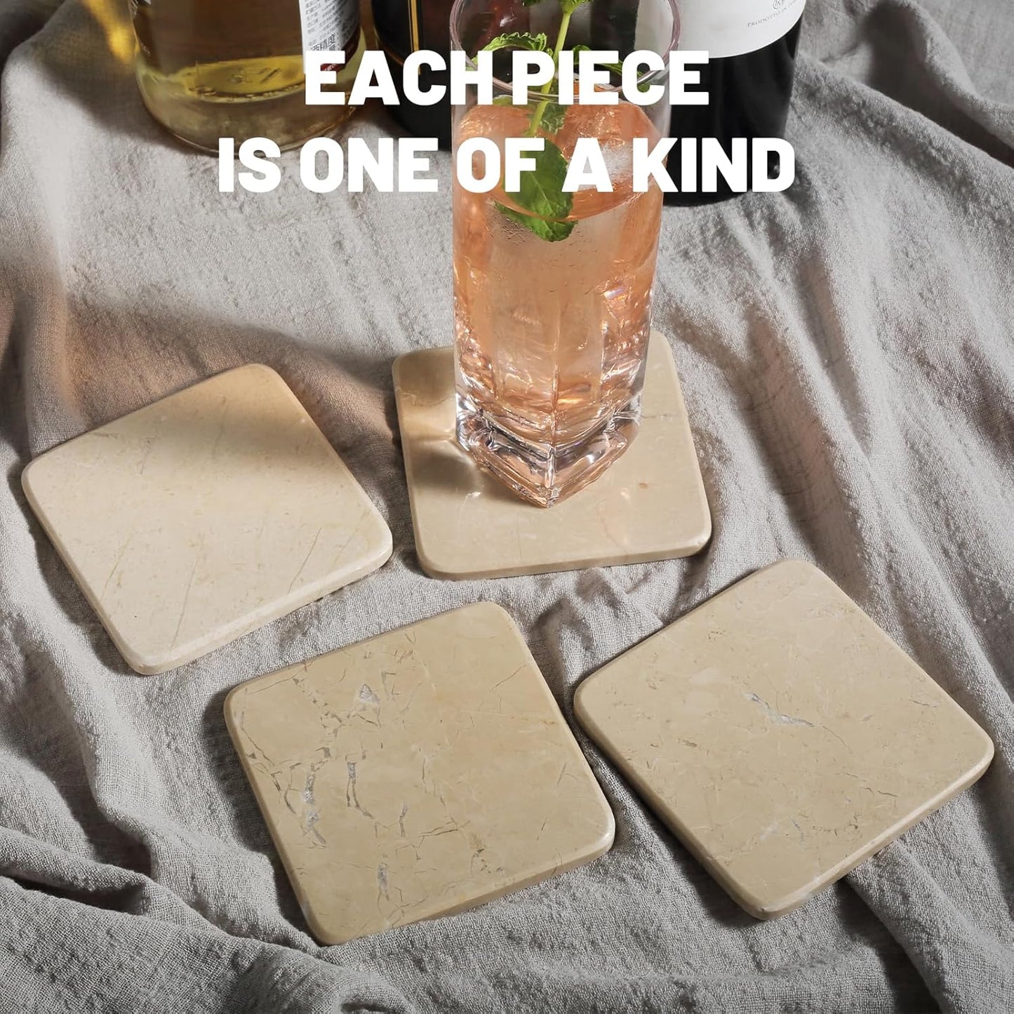 Koville Marble Coasters Set of 5, Square Coasters with Holder for Drinks, 4" Cup Coaster for Coffee Table Home Office Bar Decor, Heat Resistant Decorative Drink Coaster (Brown)