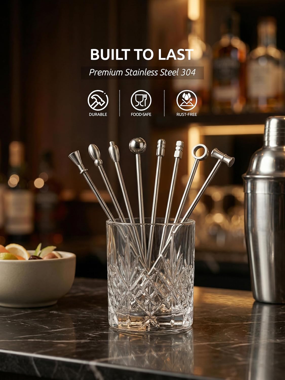 DEMIGO Cocktail Picks, 8 New Styles Stainless Steel Reusable Olive Stuffers Martini Picks set Fruit Toothpicks Garnish Skewers Appetizer Drink Stick for Bar party, Barbeque Snacks, Club sandwiches