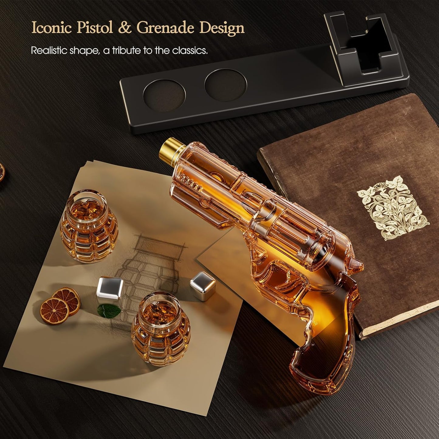 Kollea Whiskey Decanter Set with Grenade-Shaped Shot Glasses, Anniversary Birthday Gifts for Men Who Have Everything, Whiskey Gifts for Father, Husband, Boyfriend & Military Enthusiasts, Fathers Day