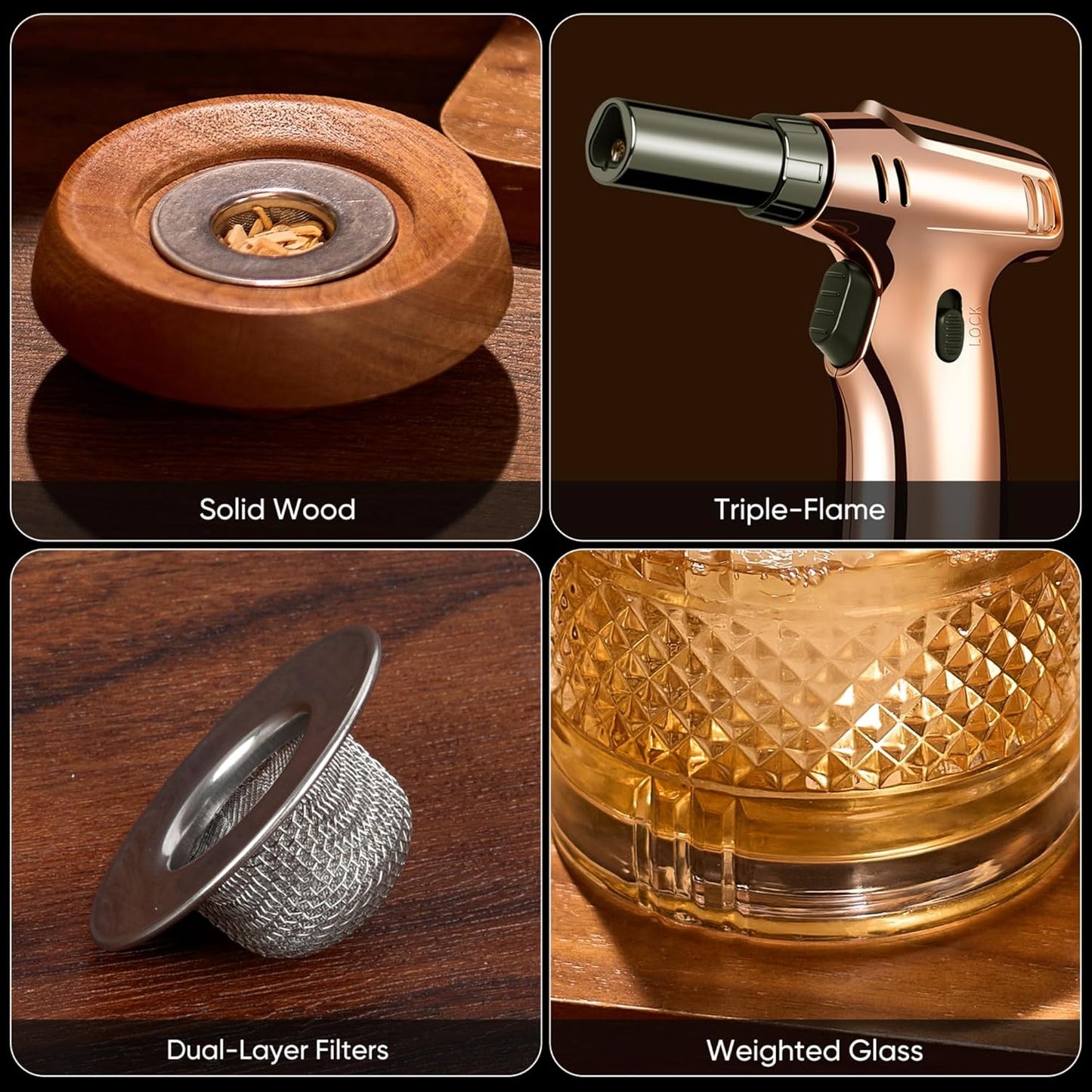 Whiskey Smoker Kit with Torch, 6 Wood Chip Flavors, 2 Heavy Whiskey Glasses, 2 Ice Ball Molds, Cocktail Smoker Kit for Old Fashioned, Bourbon & Drinks, Gift Set for Men, Father (No Butane)