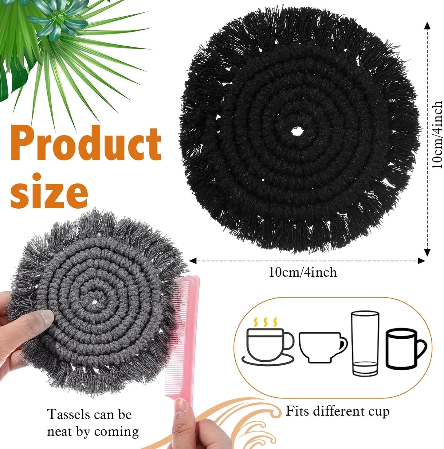 Coasters Set of 6 for Drinks Boho Absorbent Woven Cotton Coaster with Holder Farmhouse Tassel Macrame Cup Mat Housewarming Gift for Coffee Table Home Kitchen Office Decoration, 4 in(Gray)