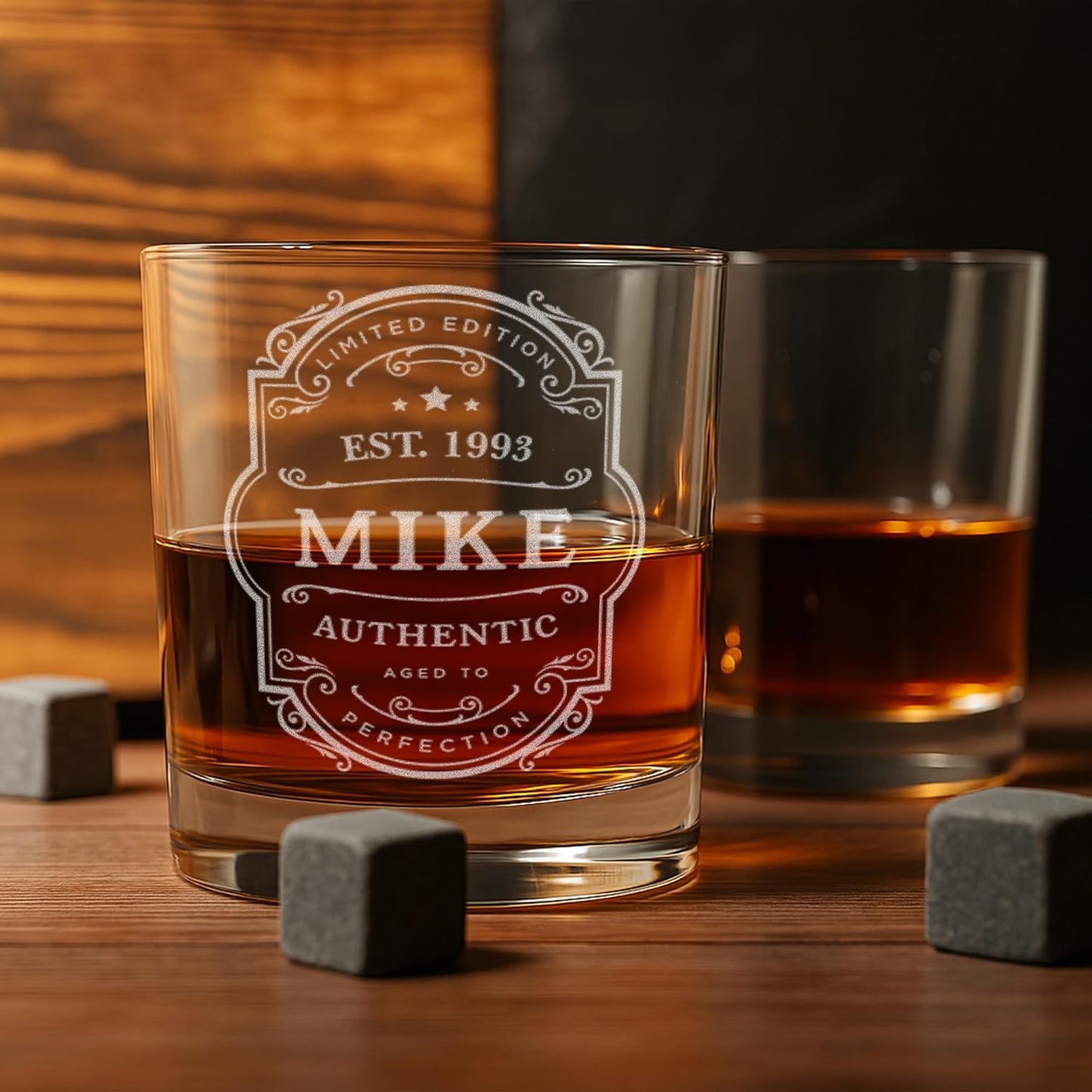 Personalized Vintage Birthday Whiskey Gifts for Men - 11 oz Engraved Bourbon Glass - Set of 2 Vintage Whiskey Cup in Wooden Box - 4 Designs Custom Scotch Glass Gift For Him (Vintage)