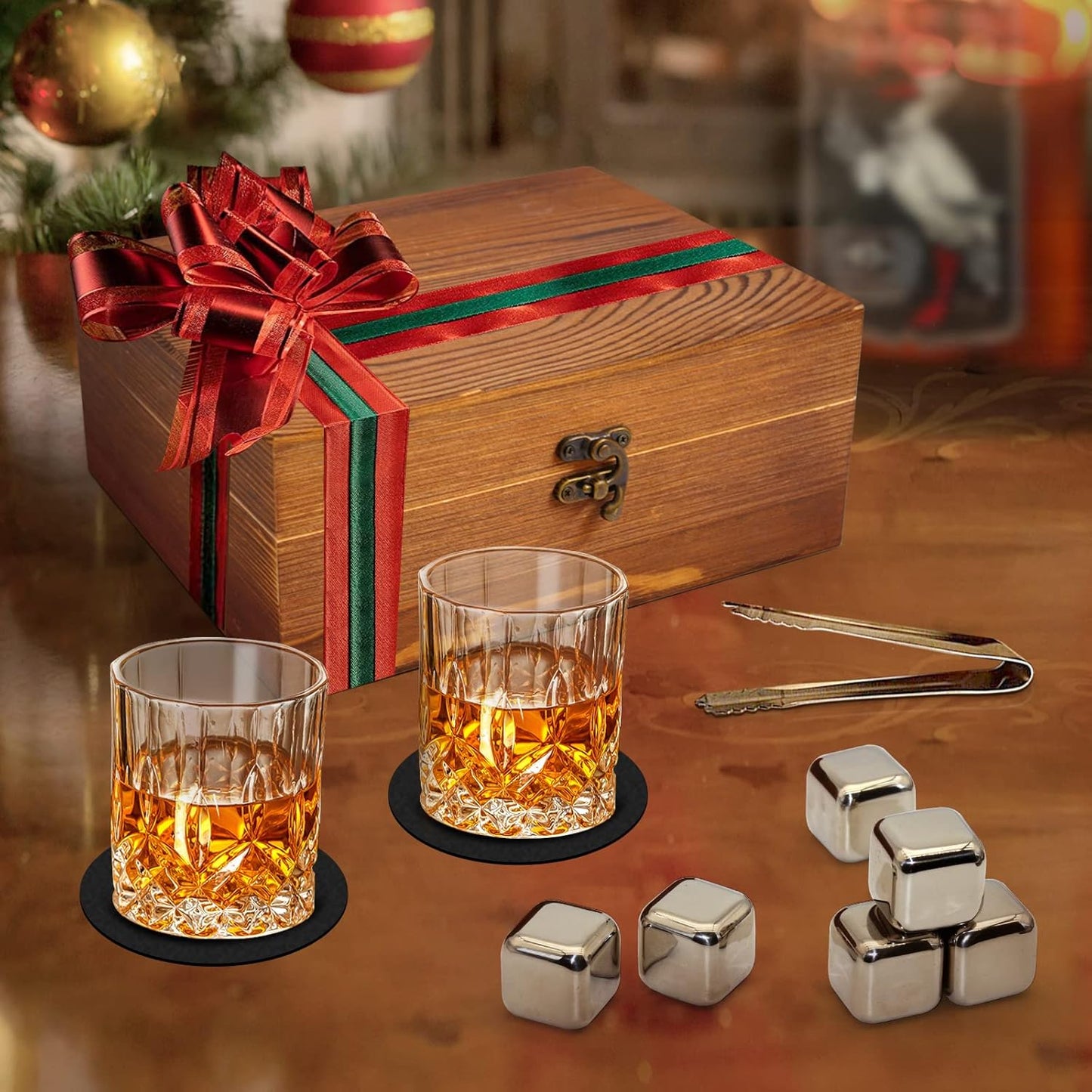 Whiskey Set Gifts for Men, DIOXADOP 6 Stainless Steel Whisky Stones 2 Crystal Whisky Glasses 1 Blessing Card in a Exquisite Wooden Box, Prepare a Gift for Whiskey Scotch Bourbon Lover