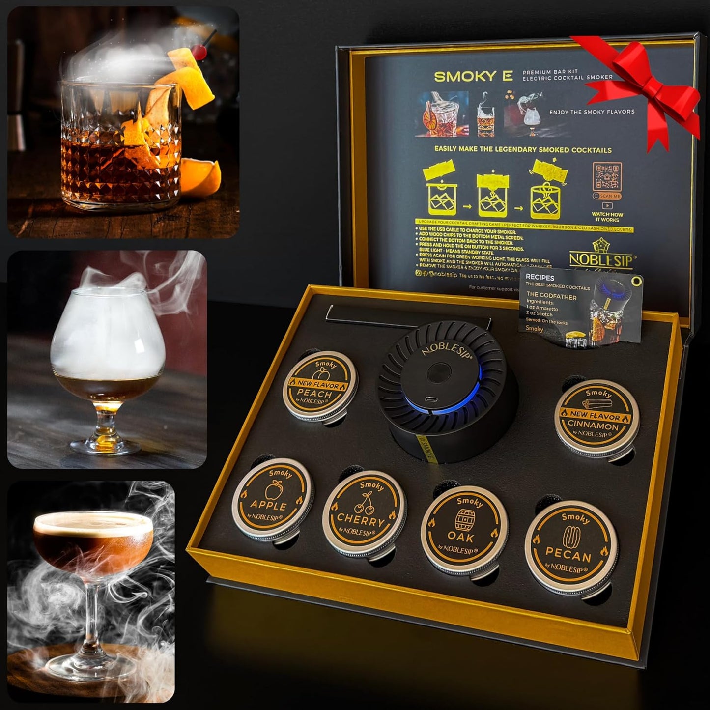 NOBLESIP® New Whiskey Smoker 𝗣𝗥𝗘𝗠𝗜𝗨𝗠 Electric Kit. Innovative Automatic Smoking, no fire Torch Needed. Easily Make Aromatic Smoked Cocktails, Bourbon, Old Fashioned. Smoky E - bar Gift Box Set