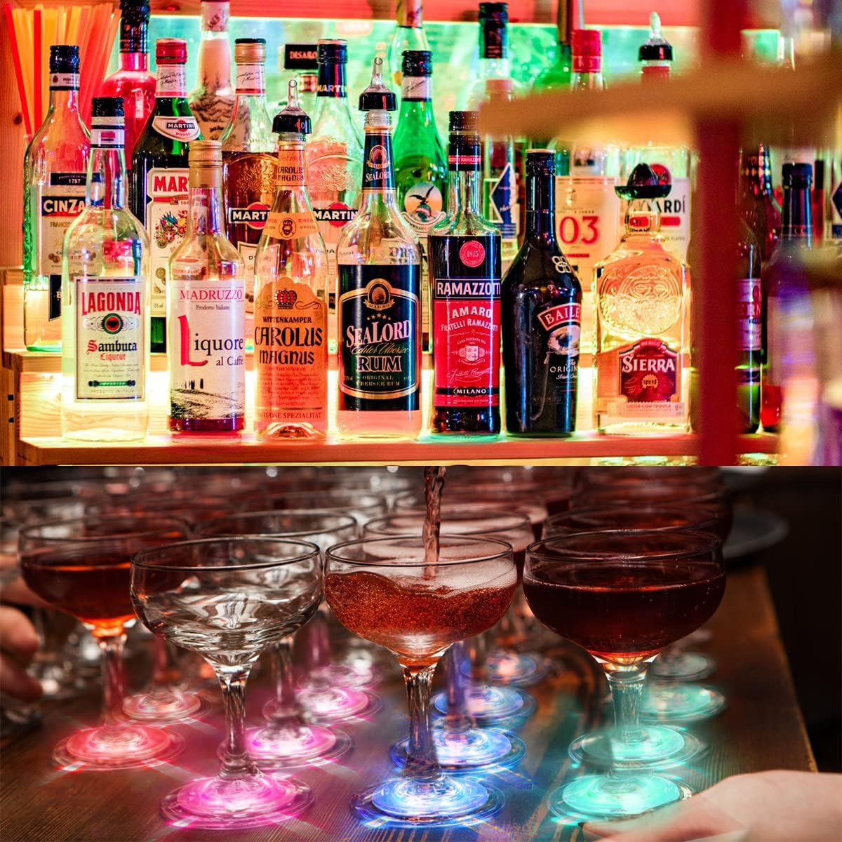 AHIIER 12 Pcs RGB Led Coasters - Multicolor Led Bar Coaster with 7 Colors, Bottle Lights and Sticker Lights for Party, Wedding, Bar