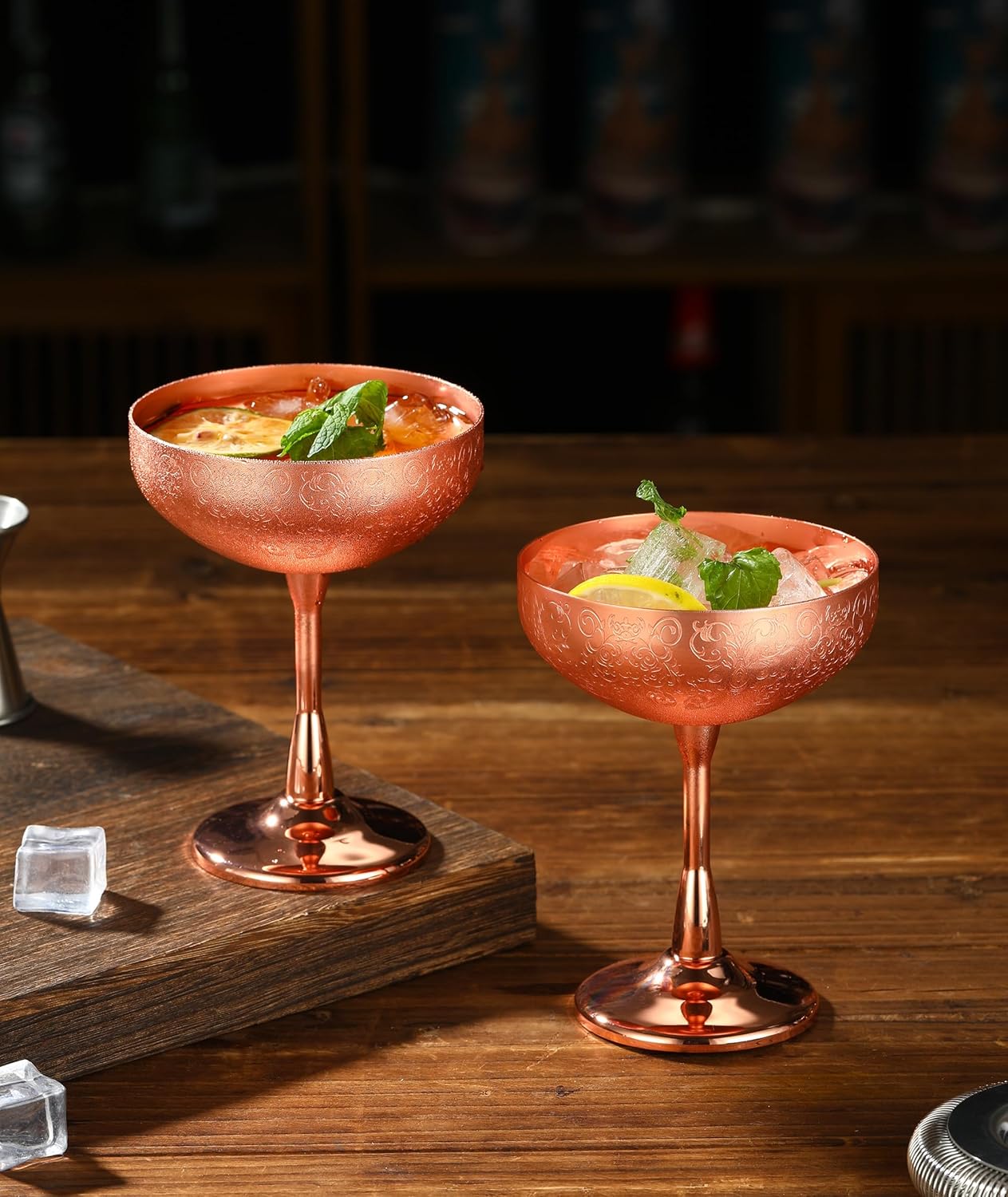 Stainless Steel Coupe Cocktail Glasses Set of 2, Unbreakable Cocktail Glasses for Margarita, Manhattan, Champagne Engraved Design (Copper Plated Set of 2)
