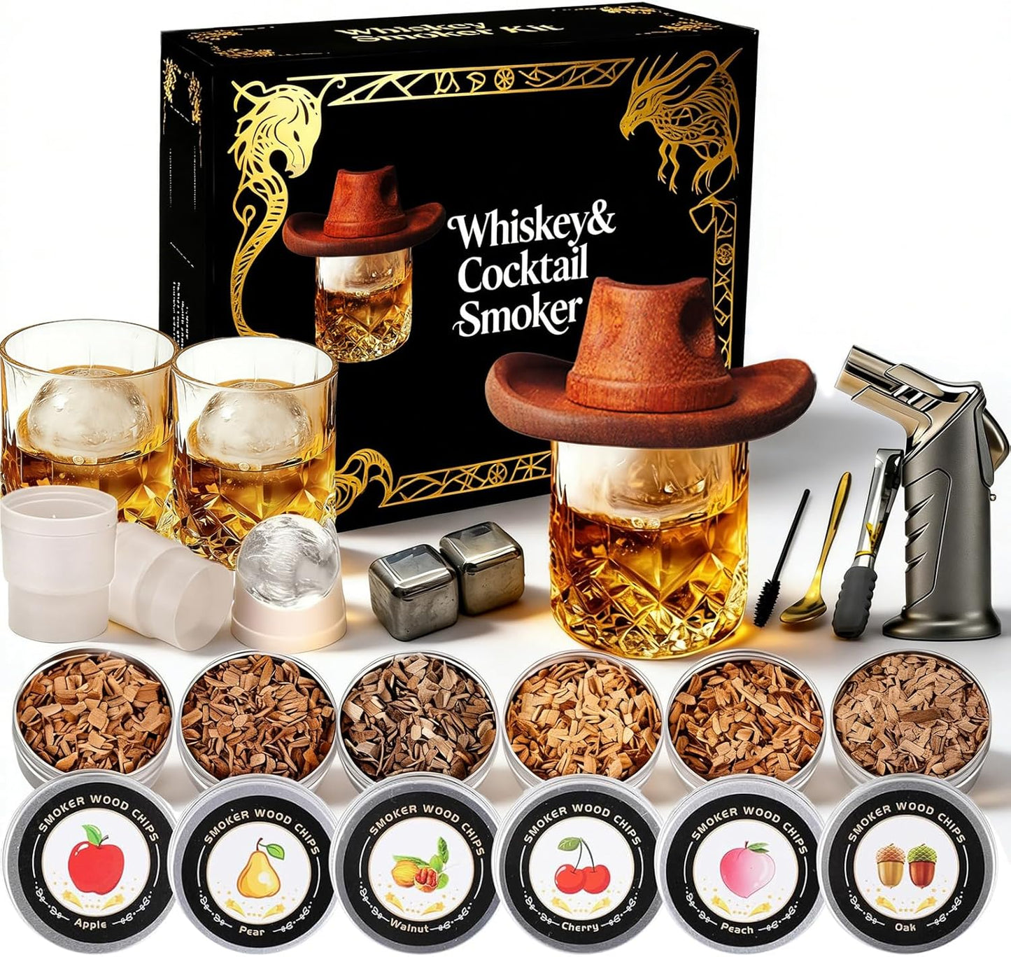 Whiskey Smoker Kit with Torch - 6 Flavors Wood Chips, 2 Metal Ice Cubes, 2 Glasses - Cocktail Smoker Infuser Kit, Old Fashioned Drink Smoker Kit, Birthday Whiskey Bourbon Gifts for Men,Dad(NO Butane)