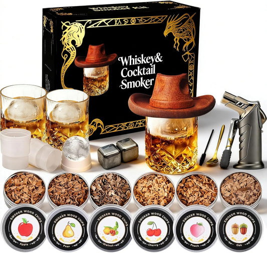 Whiskey Smoker Kit with Torch - 6 Flavors Wood Chips, 2 Metal Ice Cubes, 2 Glasses - Cocktail Smoker Infuser Kit, Old Fashioned Drink Smoker Kit, Birthday Whiskey Bourbon Gifts for Men,Dad(NO Butane)