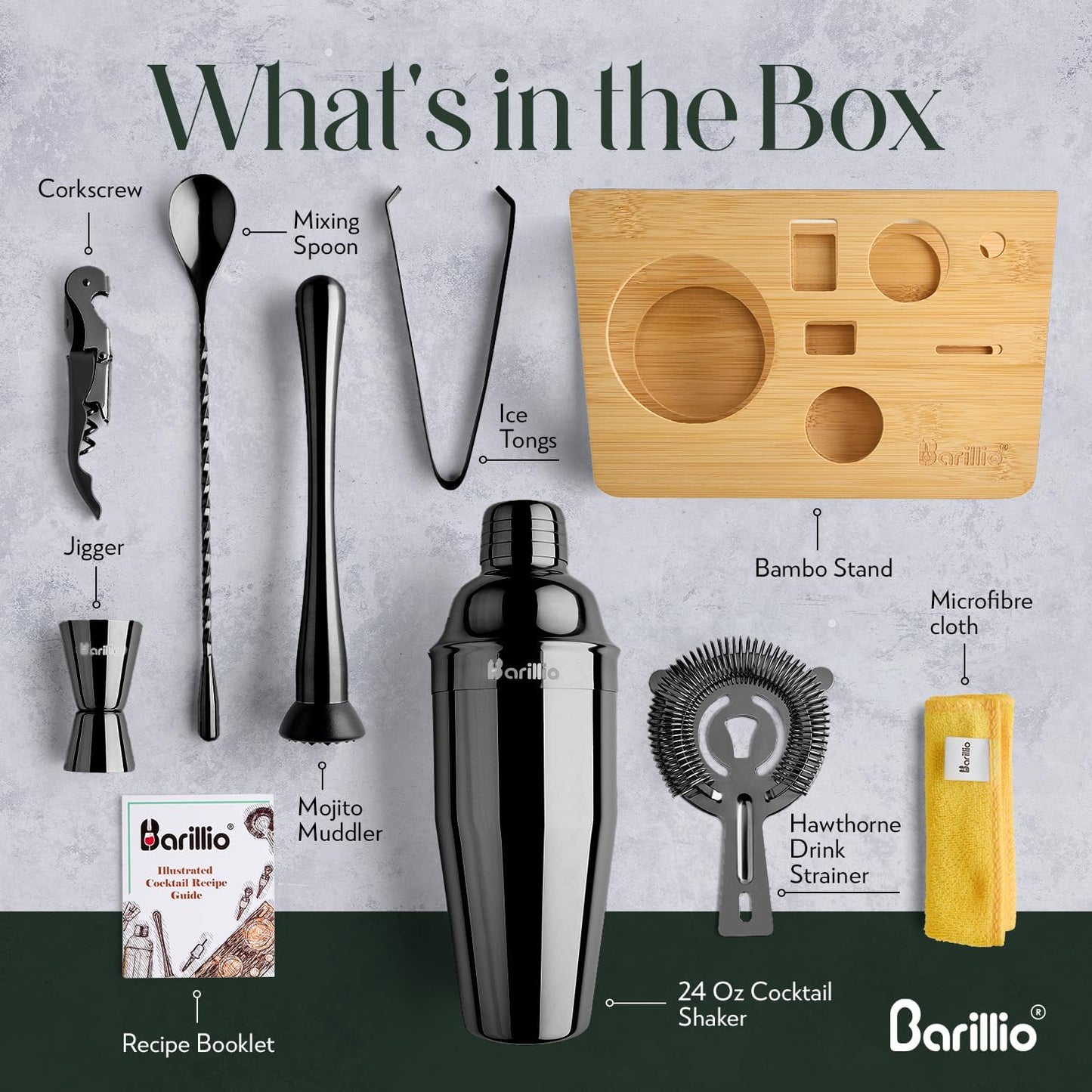 Barillio Black Bartender Kit - Stainless-Steel Cocktail Shaker Set w/Bamboo Stand - Mixology Bar Tools w/Shaker, Drink Mixer Spoon & Muddler for Cocktails - Home Bar Accessories - 10-Pc Bar Set