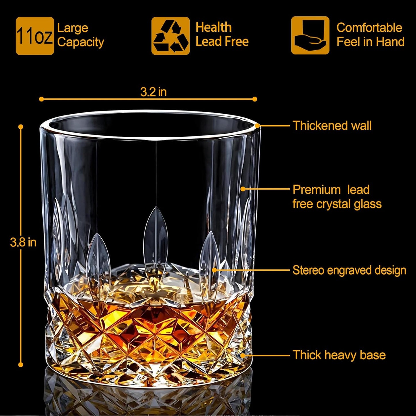 QUMMFA Whiskey Glasses Set of 8, 11 oz Crystal Old Fashioned Glasses, Buy 6 Get 2 Free, Perfect for Bourbon, Scotch, Vodka, Gift for Men, Women, Dad, Father
