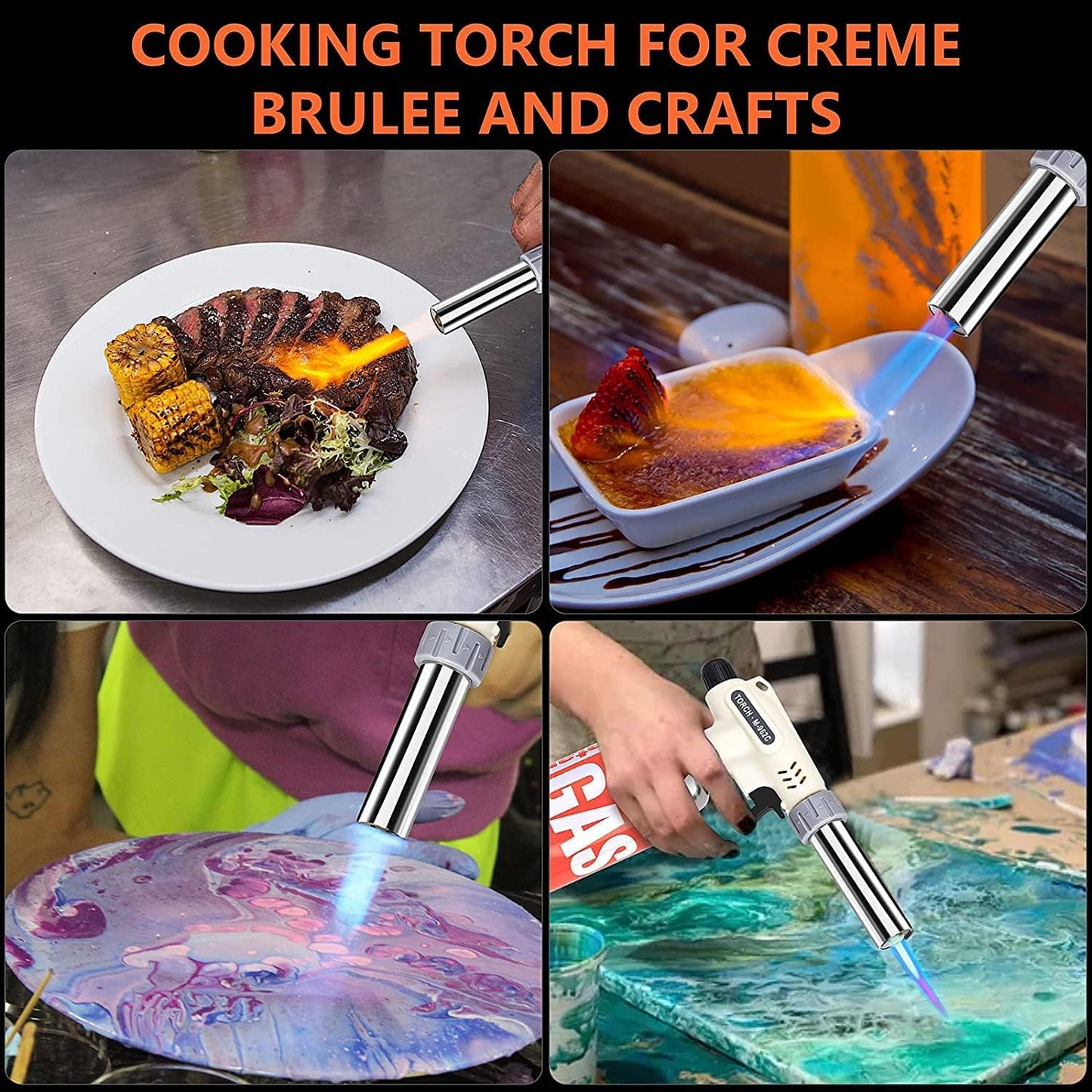 Culinary Professional Kitchen Butane Torch, Upgrade Creme Brulee Blow Torch for Cooking, Adjustable Flame with Reverse Use（Butane Gas Not Included）
