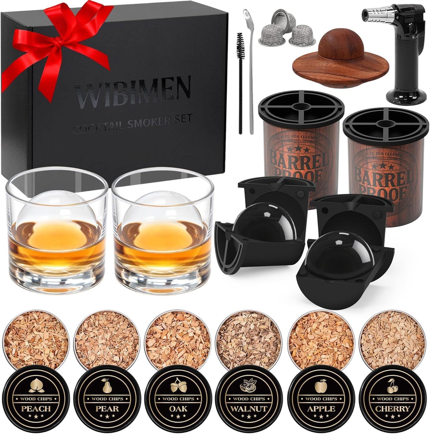 Whiskey Smoker Kit with Torch –Old Fashioned Smoker Kit for Bourbon & Whiskey – Drink Smoker Set with Wood Chips– Gift for Men, Dad, Husband/Father (1，Smoker Kit & 2 Ice Ball Molds & 2 Glasses)