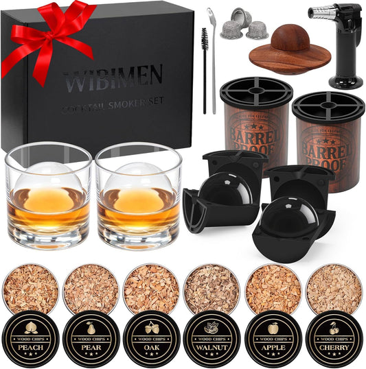 Whiskey Smoker Kit with Torch –Old Fashioned Smoker Kit for Bourbon & Whiskey – Drink Smoker Set with Wood Chips– Gift for Men, Dad, Husband/Father (1，Smoker Kit & 2 Ice Ball Molds & 2 Glasses)