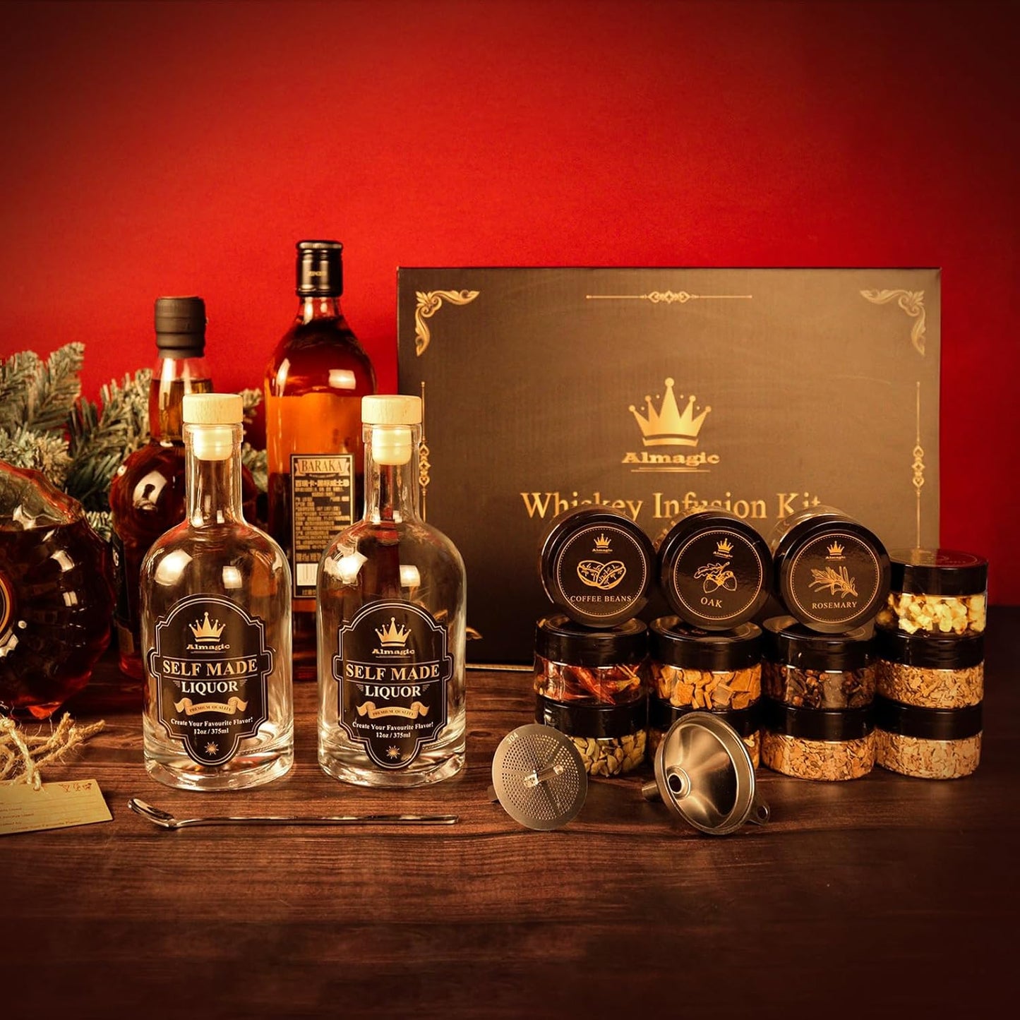 Whiskey Infusion Kit Gift for Men | DIY Whiskey Set to Create Own Flavor | Includes 4 Wood Chips, 8 Ingredients, Complete Tools, and Infusion Recipes, Unique Gifts for Him (Alcohol Not Included)