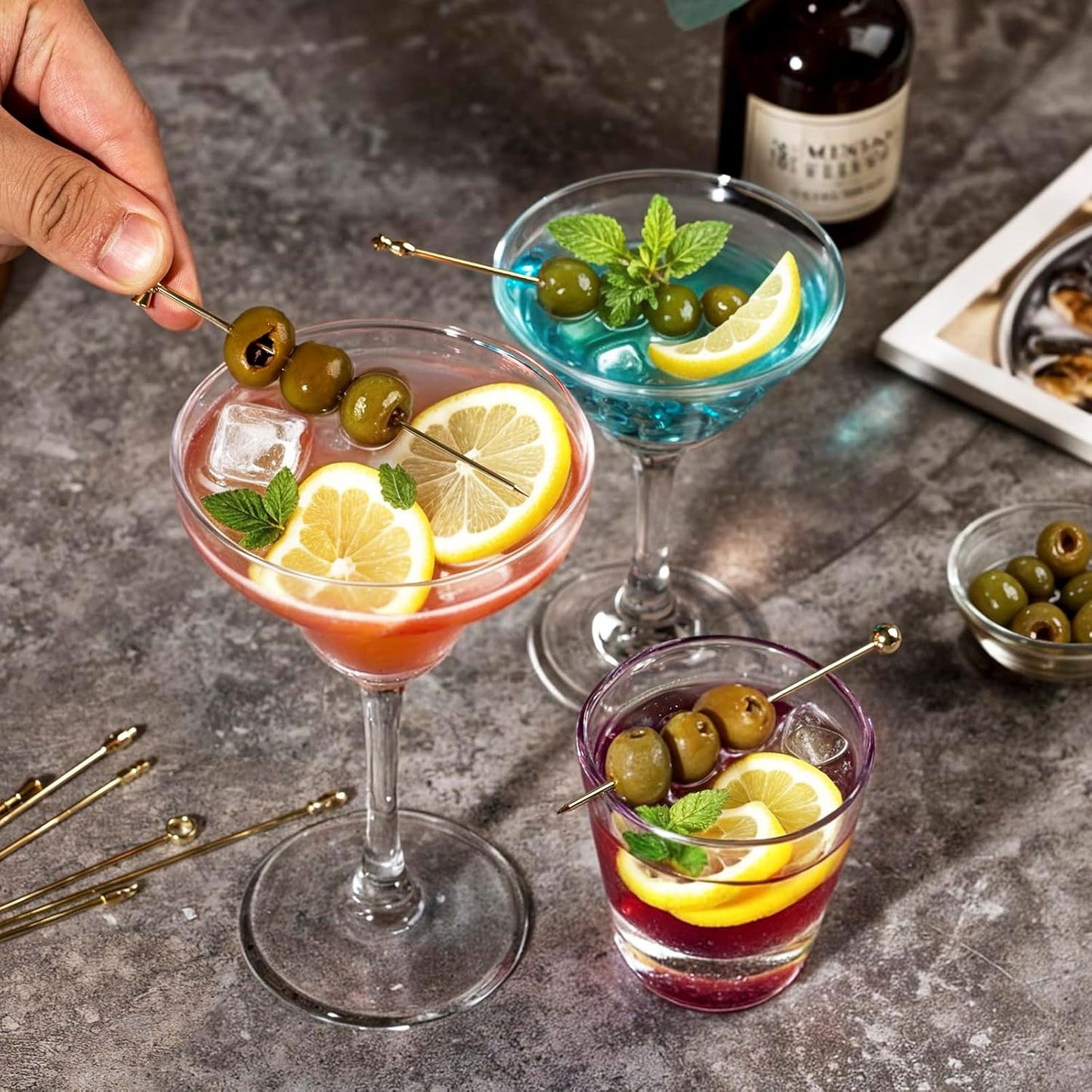 Metal Martini Cocktail Picks Gold, Skewers for Olive 4.2 in to 4.38 in, Stainless Steel Drinks Garnish Sticks, Reusable Toothpicks for Appetizers, Gift for Mother, Home Bar Accessories - 9 Pcs