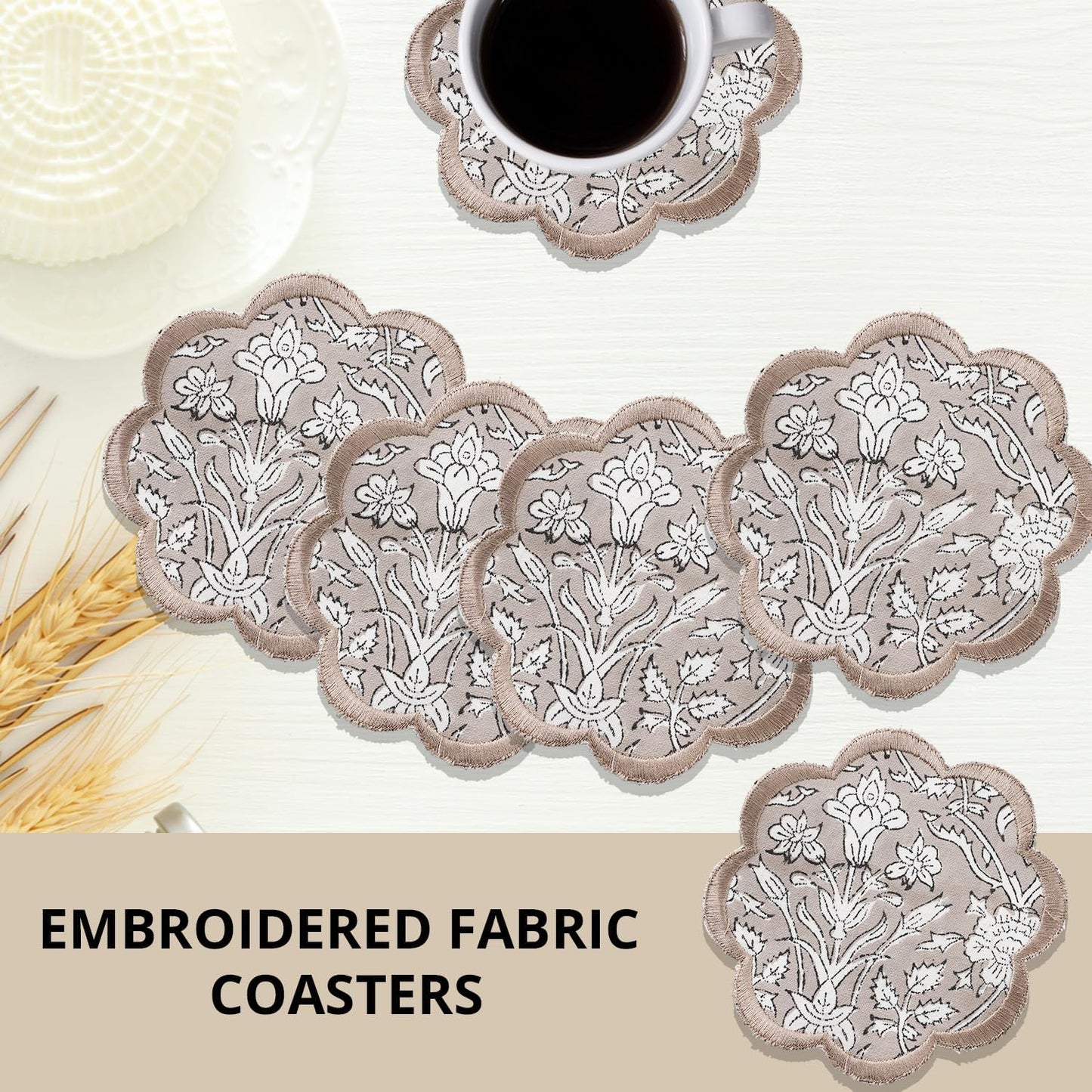 Ridhi Hand Block Print 8- pcs Canvas Cotton Drink Absorbent Stylish Embroidery Scallop Coaster Set Boho Modern Home Decor and Wooden Table Protection 5 inch Taupe