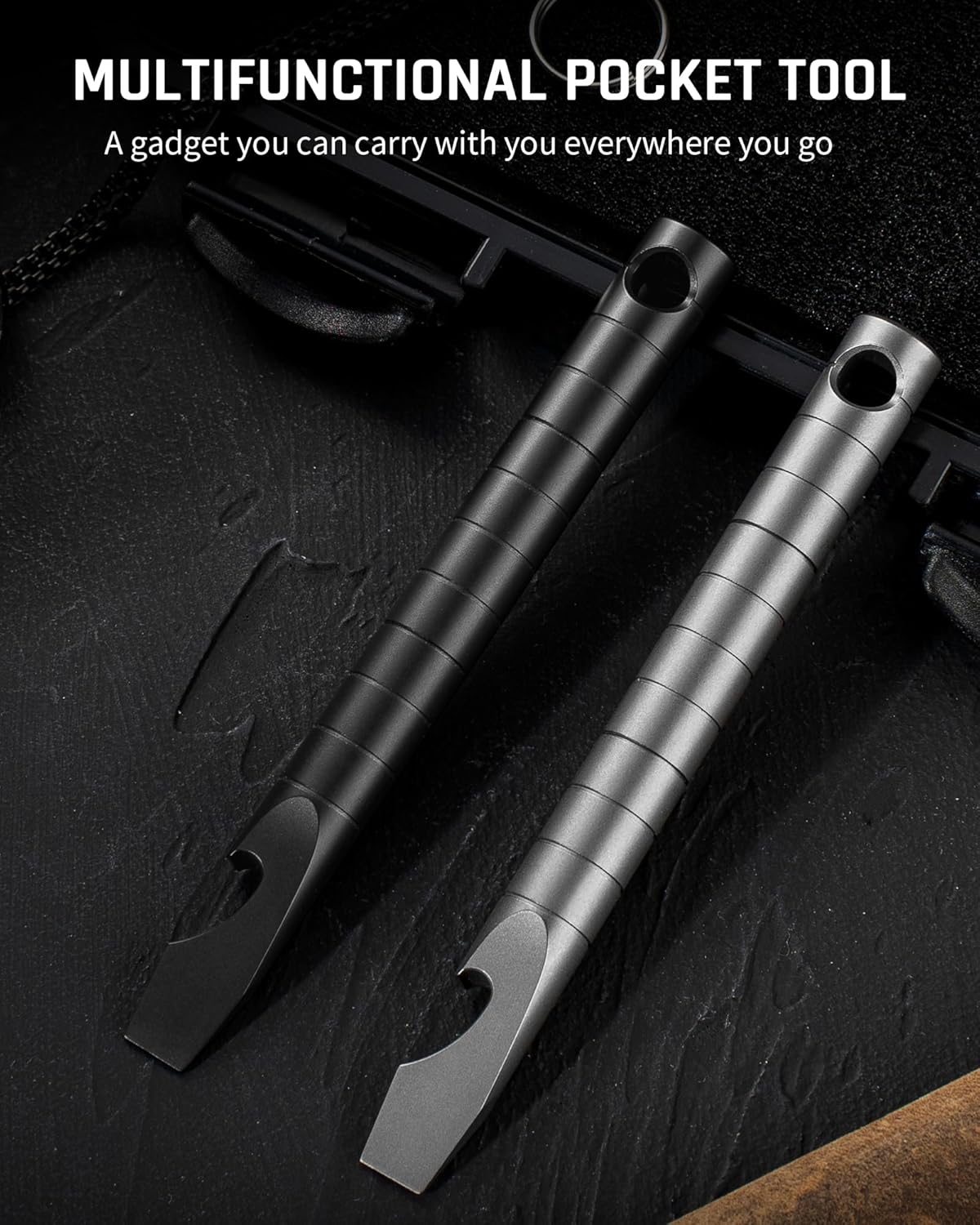 TISUR Titanium EDC Pry Bar, Keychain Prybar Multitool With Beer Bottle Opener, 6 in 1 Portable Pocket Mini Crowbar Tool (Gray)