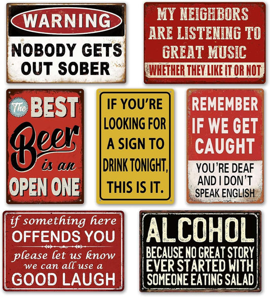 Funny Bar Signs for Home Bar Wall Decor - 7 Piece Set Vintage Garage Metal Signs, Man Cave Decor for Men, Personalized Basement Bar Accessories & Outdoor Decorations (8×12 Inch) - Housewarming Gifts
